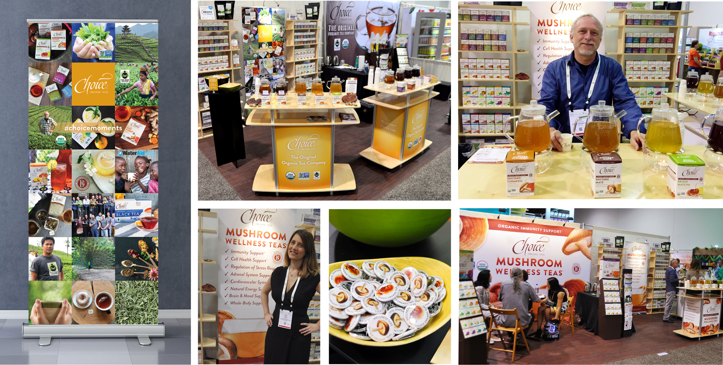 Collage of six photos from trade shows features Choice tea booths, banners, products, and tea samples.