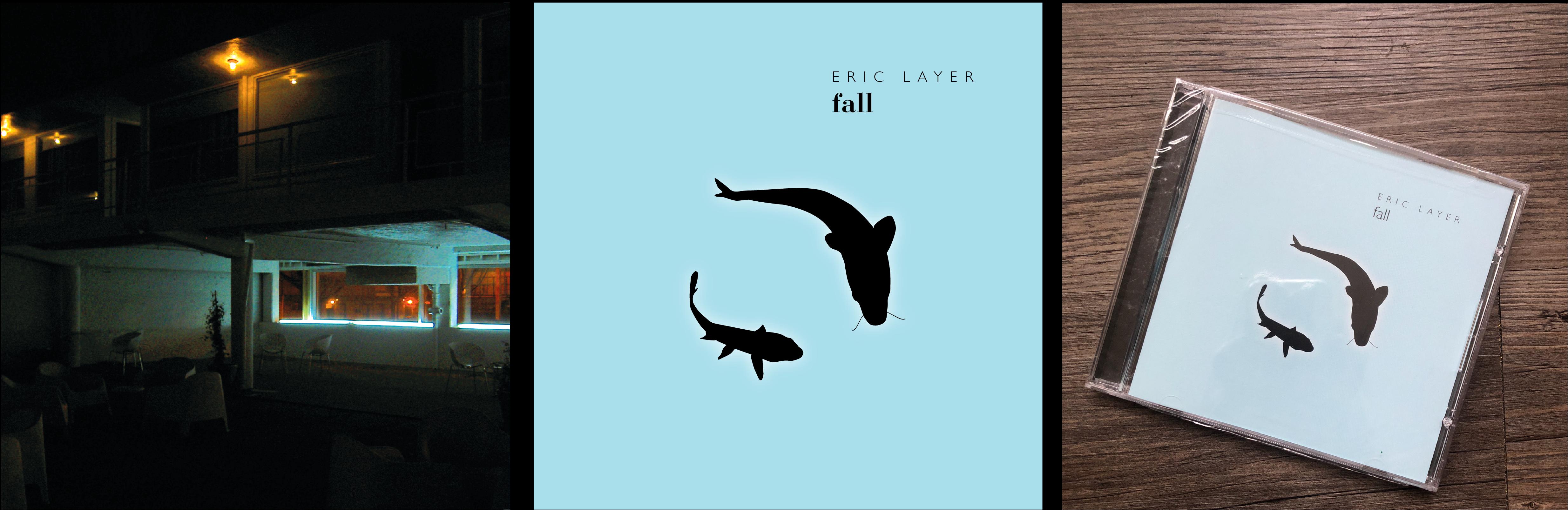 Three images of Eric Layer's "Fall" album, including a building at night, the album art of two silhouetted fish, and the physical CD in a case.