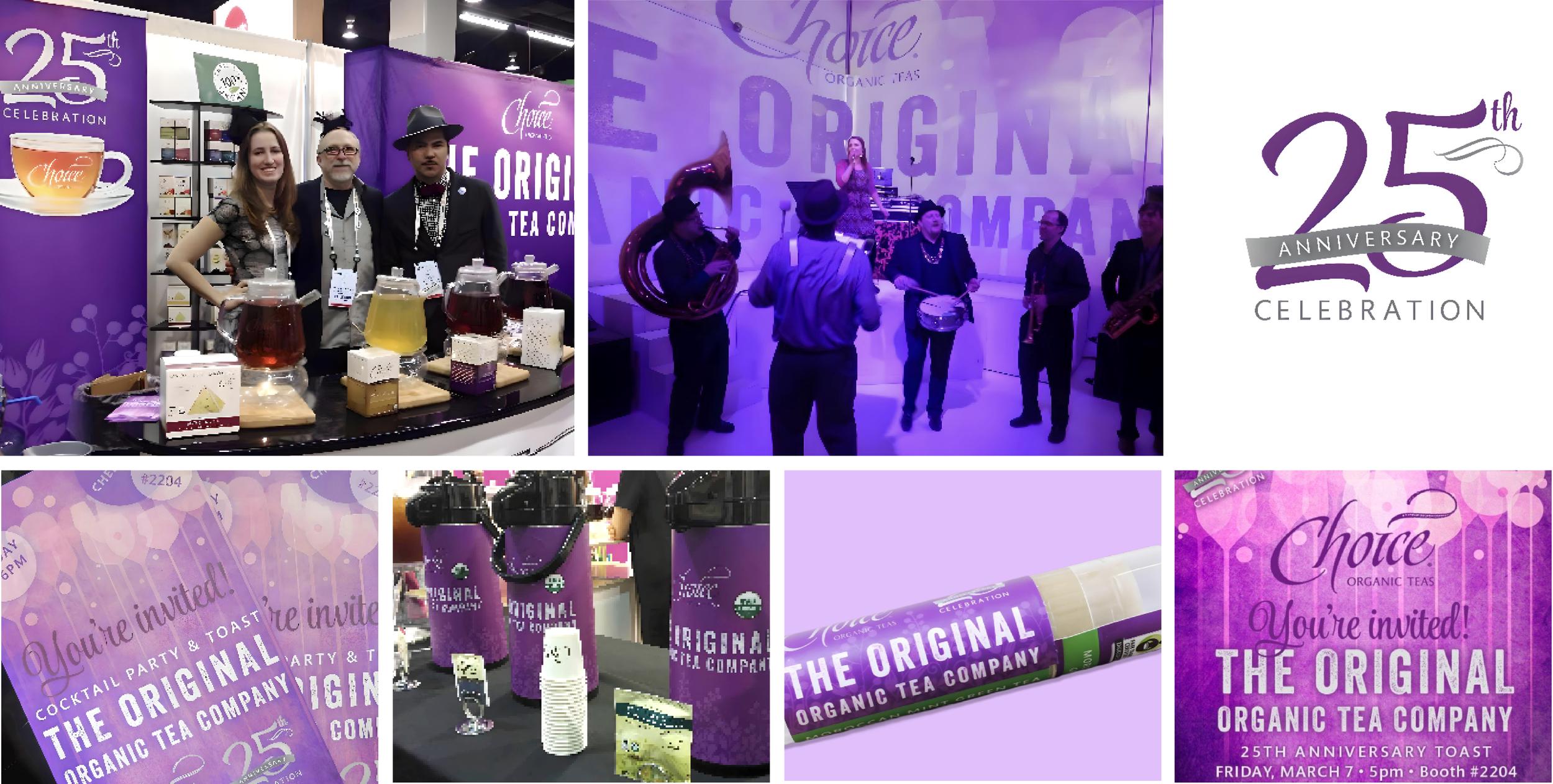 Collage of Choice Tea's 25th anniversary celebration at a trade show featuring staff, a band, invites, sample packaging, and the anniversary logo.