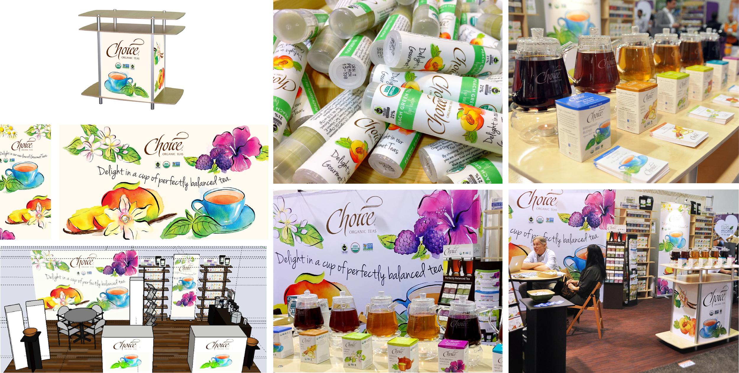 Six images of Choice tea marketing materials and trade show booths, showing product placement, samples, illustrations, and mockups.