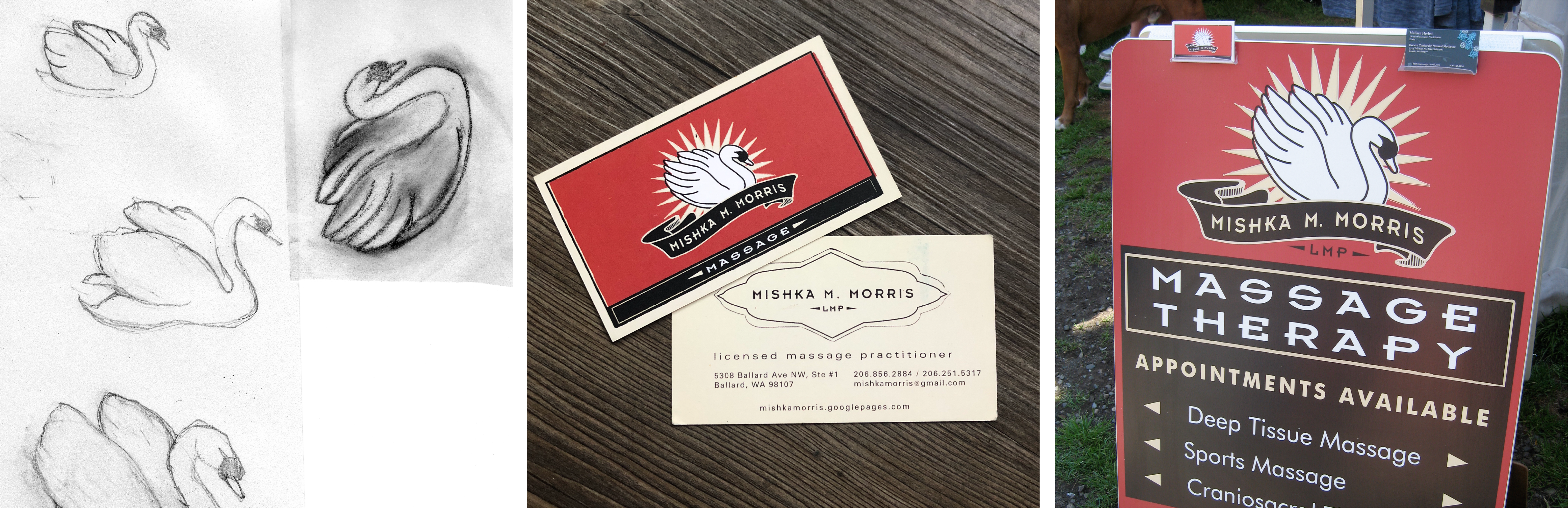 Three images of Mishka M. Morris massage therapy branding; sketches of a swan, a business card, and a sign for massage therapy services.
