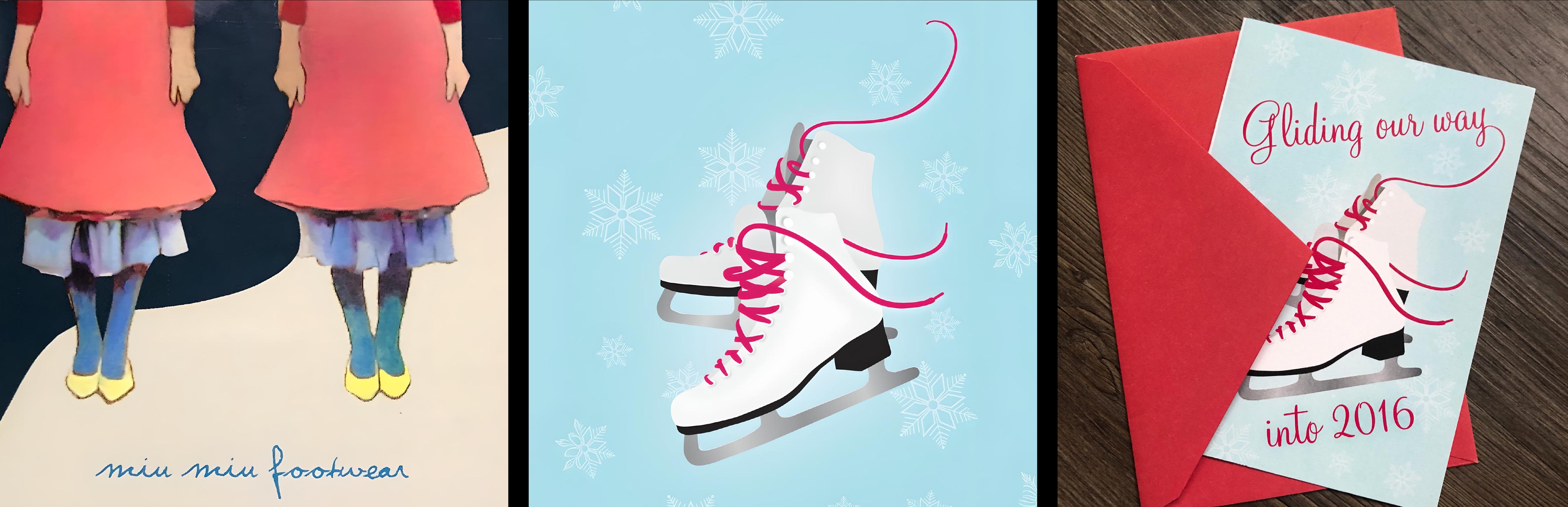 Three images of artwork with winter themes: A poster of two women with blue tights and yellow shoes, ice skates with pink laces on a snowflake background, and a 2016 greeting card with ice skates.