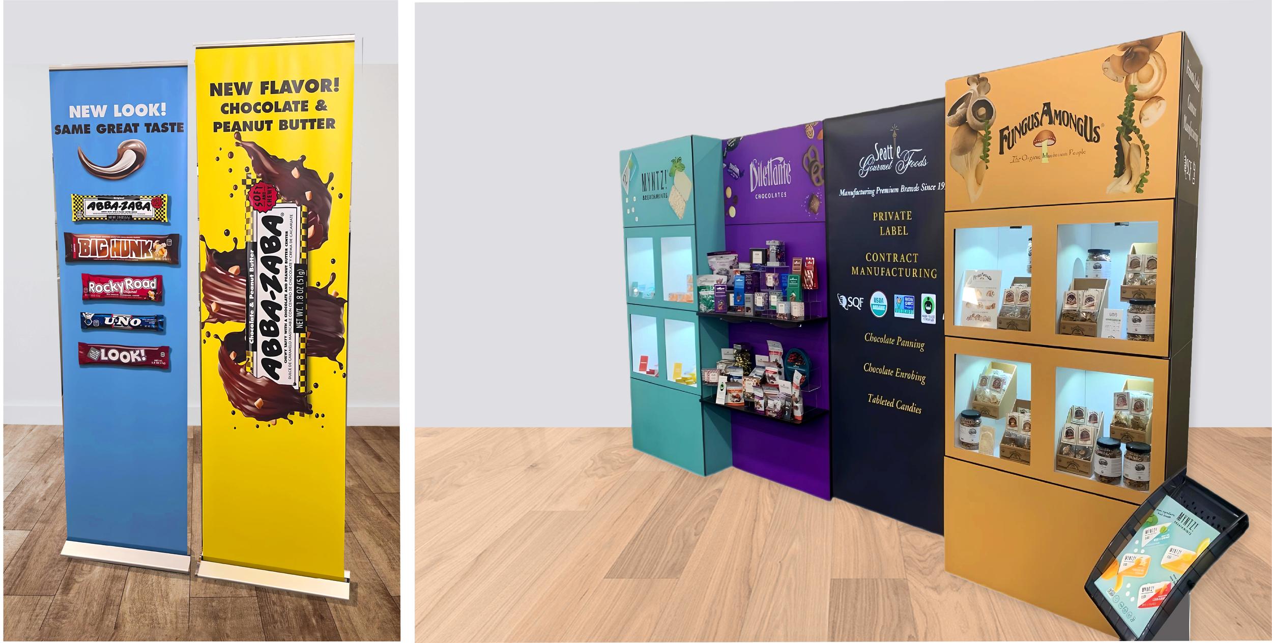 Two images of trade show displays. One shows Abba-Zaba banners and the other displays from Myntz, Dilettante, Seattle Gourmet Foods and Fungus Among Us.