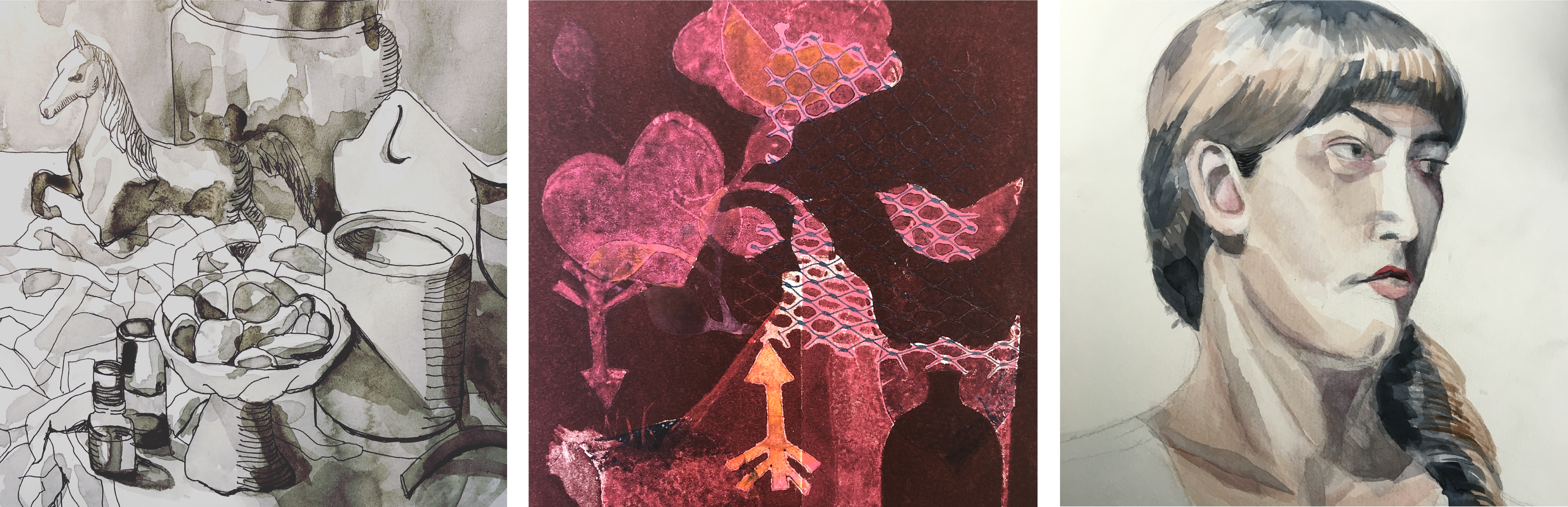 Three watercolor paintings: a still life with a toy horse, a heart with arrows and abstract patterns, and a portrait of a woman.