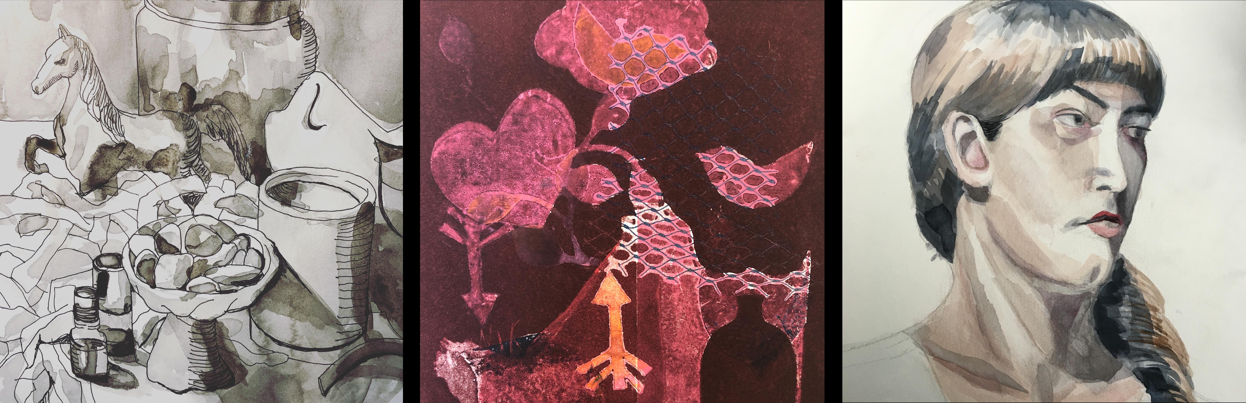 Three watercolor paintings: a still life with a toy horse, a heart with arrows and abstract patterns, and a portrait of a woman.