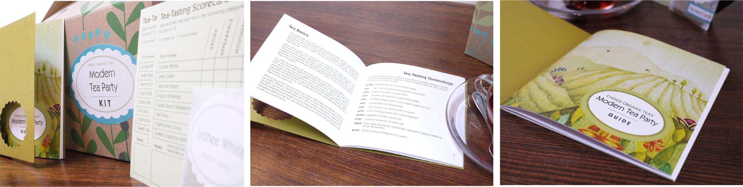 Three images of Choice's Modern Tea Party Kit, showing the box, scorecards and an inside page of the guide book.