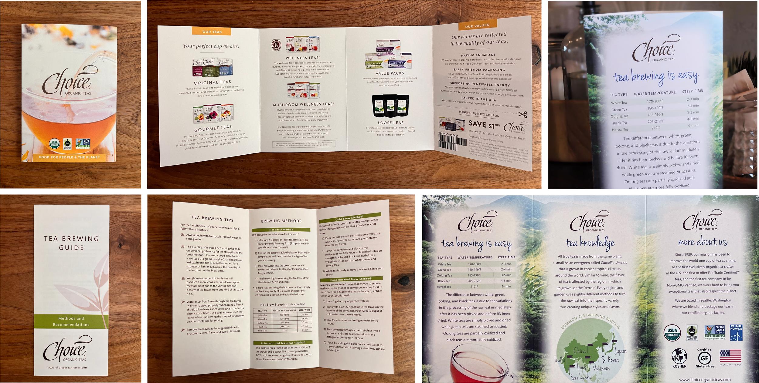 Collage of Choice tea promotional materials including a brochure, a tea brewing guide and details on brewing time and temperatures.