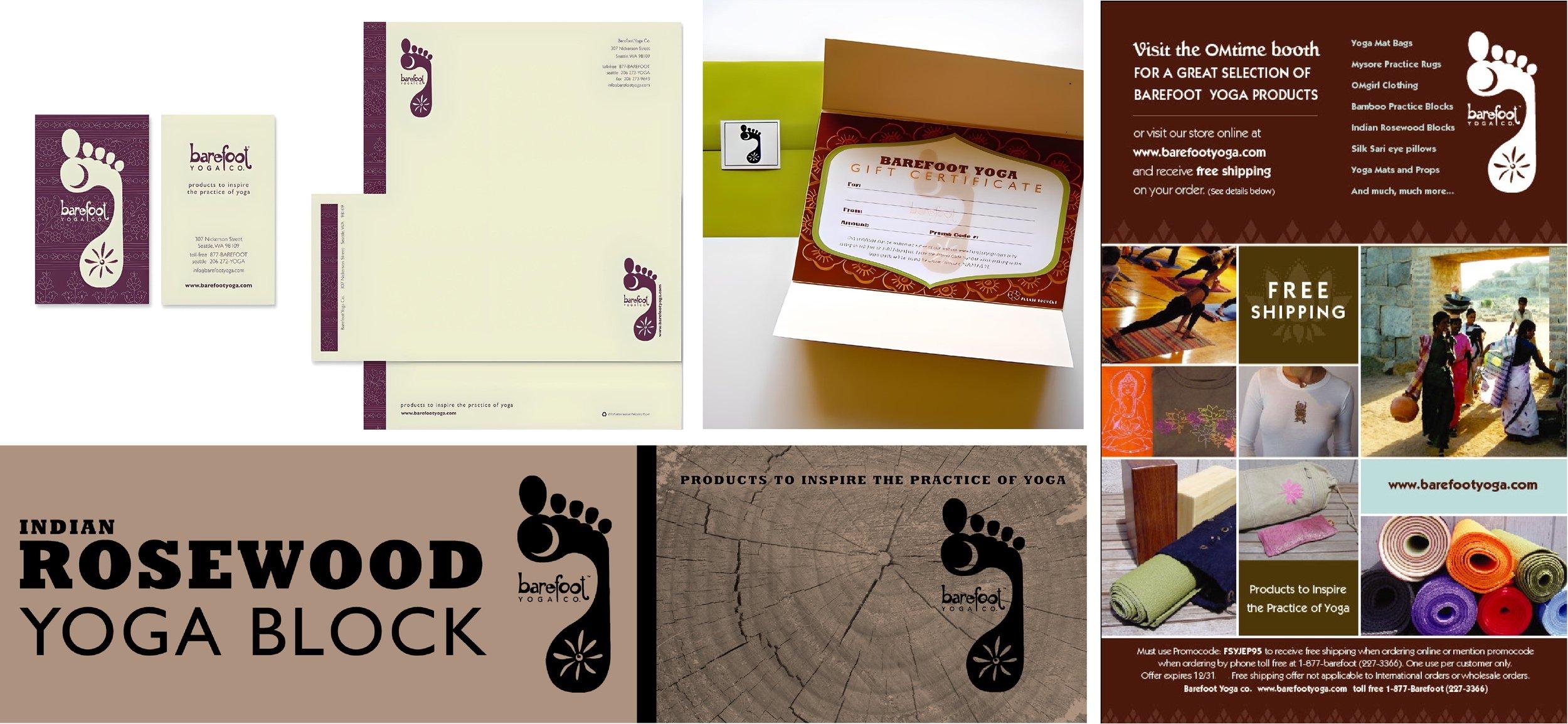 Collage of Barefoot Yoga products, including stationery, a gift certificate, a yoga block sleeve, and an ad with product photos and the Barefoot Yoga logo.