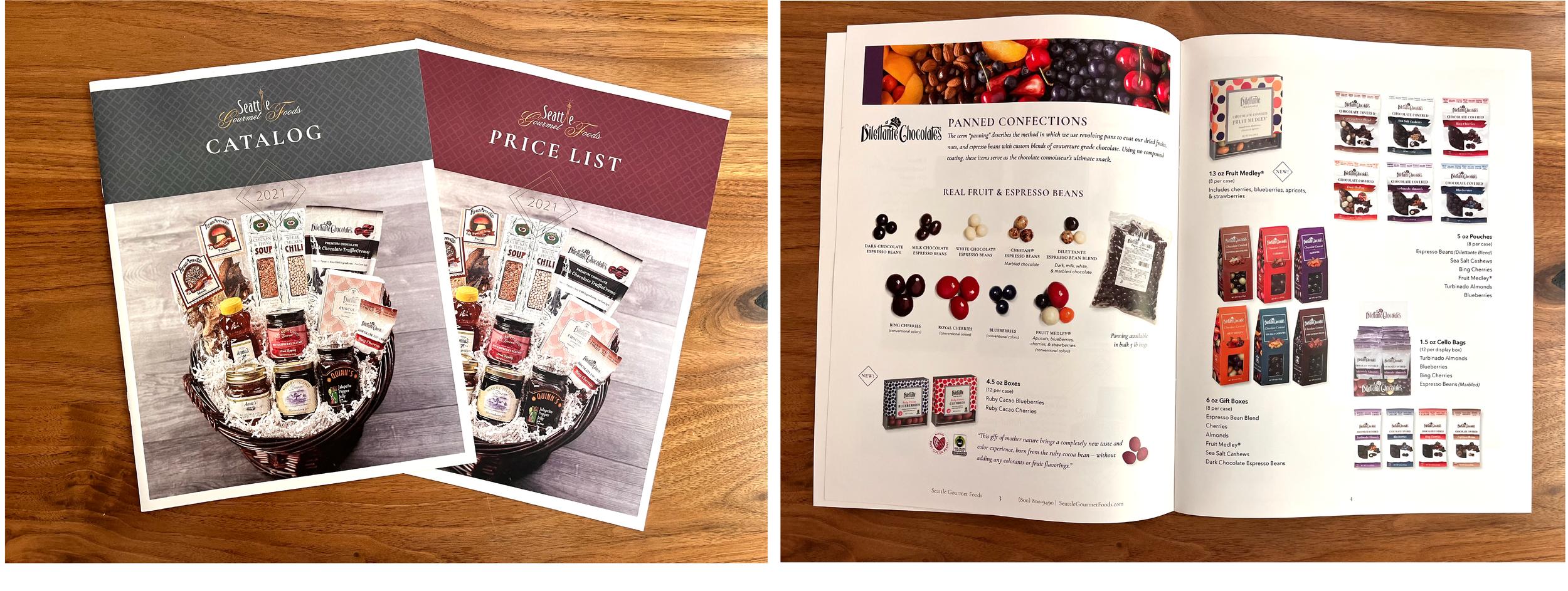 Two images of Seattle Gourmet Foods print materials, including the front of a catalog and a price list, and an inside spread showing a variety of Dilettante chocolate products.
