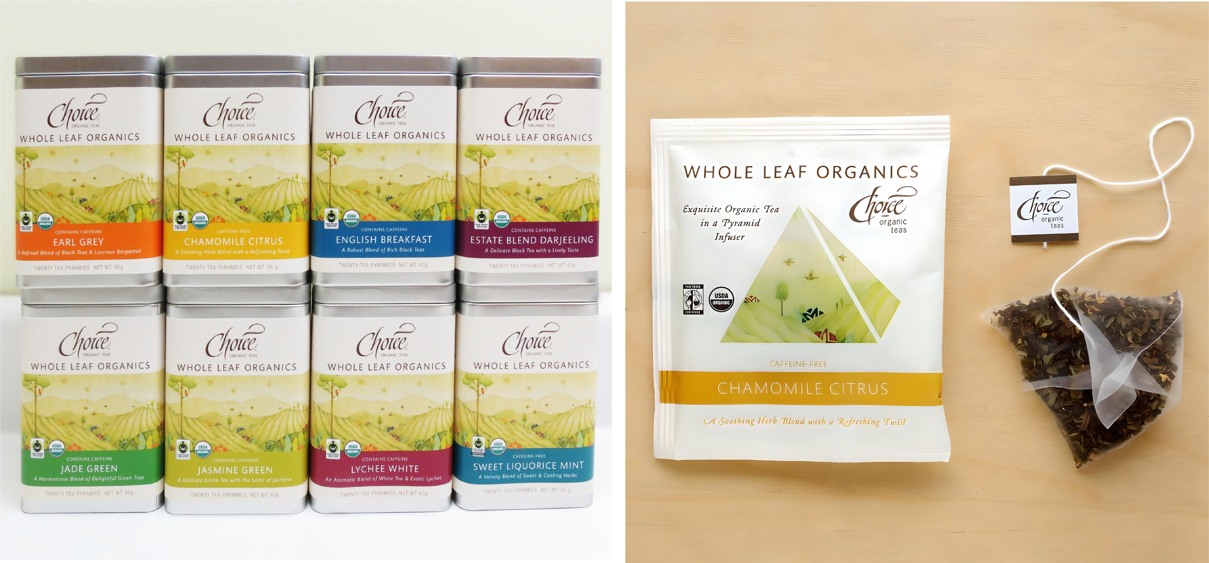 Two images of Choice brand tea, on the left is a stack of eight tins and on the right is a pyramid tea bag with its wrapper.