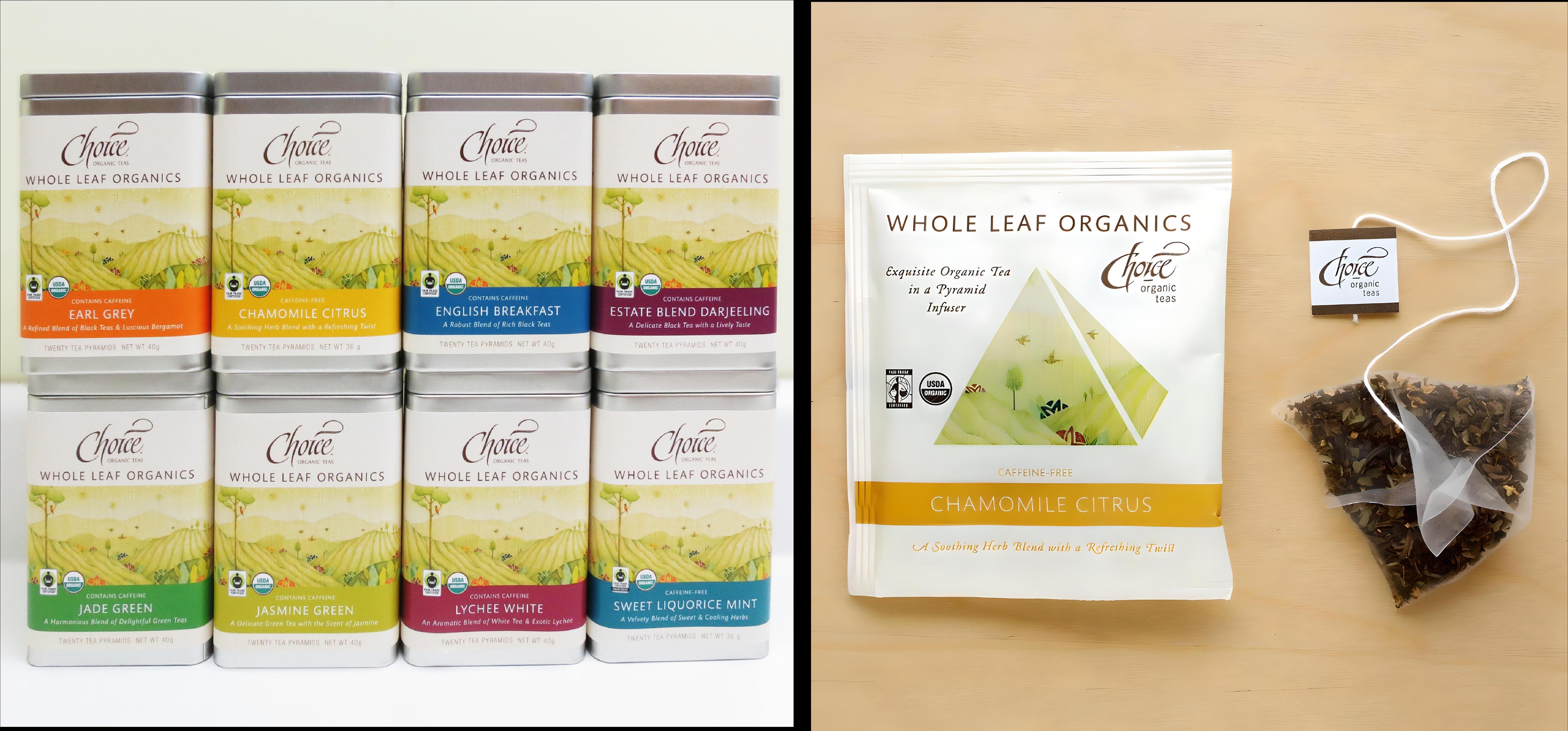 Two images of Choice brand tea, on the left is a stack of eight tins and on the right is a pyramid tea bag with its wrapper.
