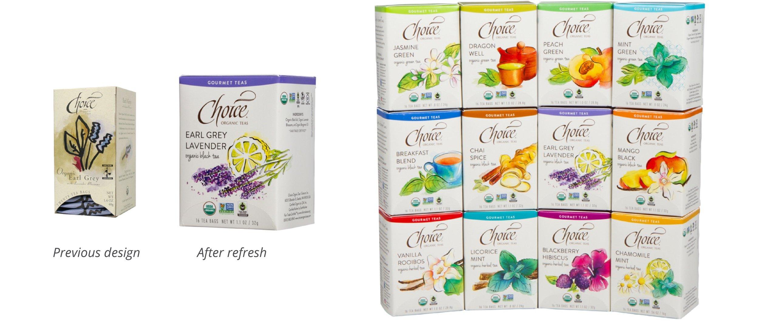 Three images showcasing Choice tea boxes. One side by side of an old and new design and one with multiple flavors stacked.