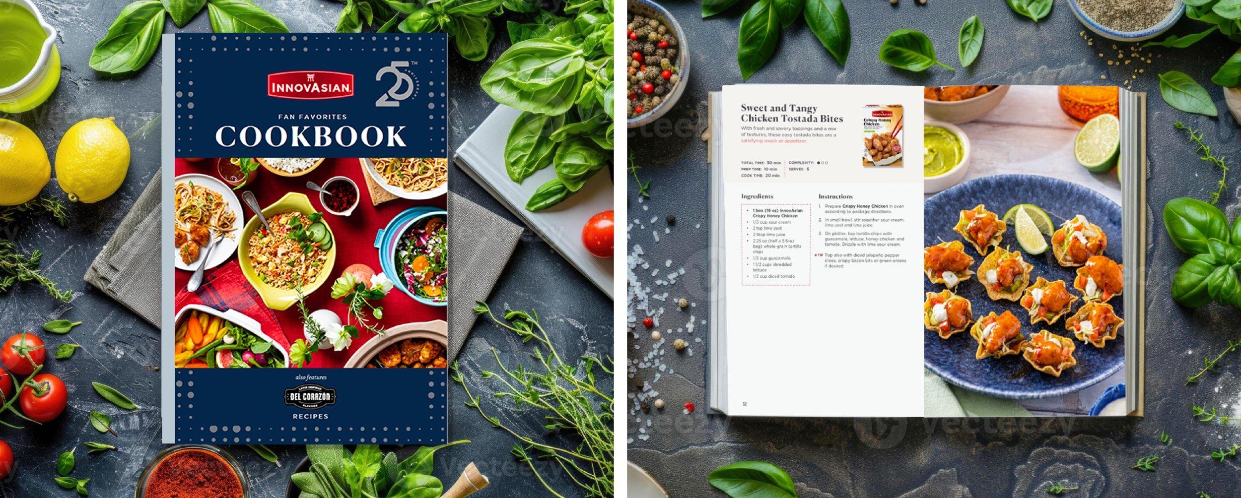 Two images of Innovasian cookbook show one closed on a textured surface with ingredients and one opens to a Sweet and Tangy Chicken Tostada Bites recipe.
