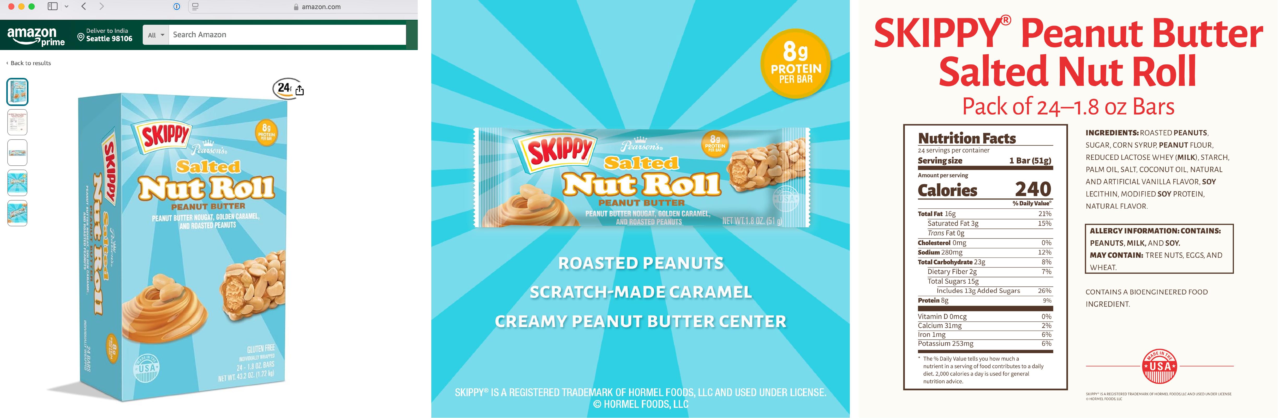 Three images of the Skippy Peanut Butter Salted Nut Roll including box, bar closeup, and nutritional information.