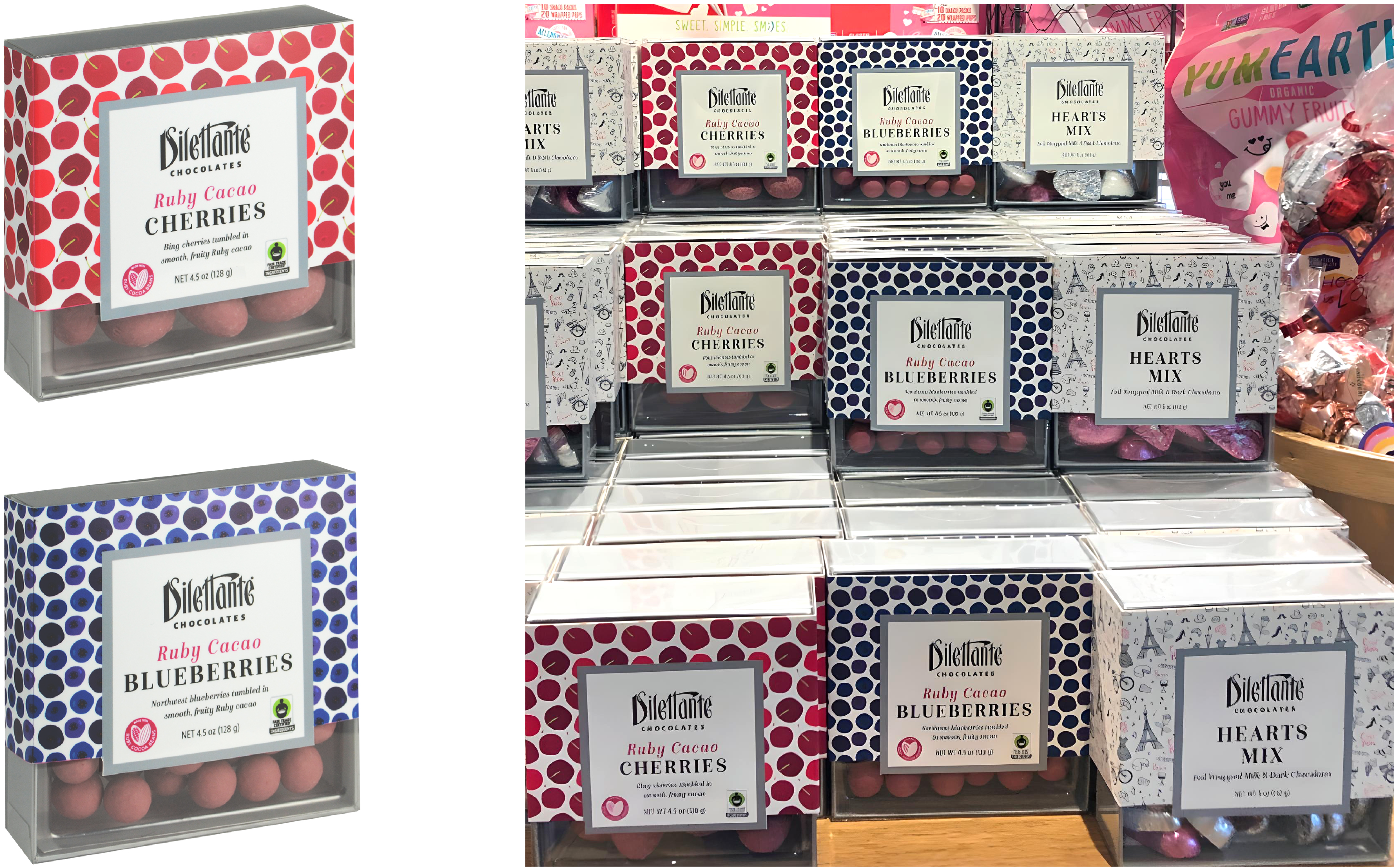 Two images of Dilettante chocolate boxes, including Ruby Cacao Cherries, Ruby Cacao Blueberries and Hearts Mix, one image with stand alone boxes and one with boxes on a store shelf.