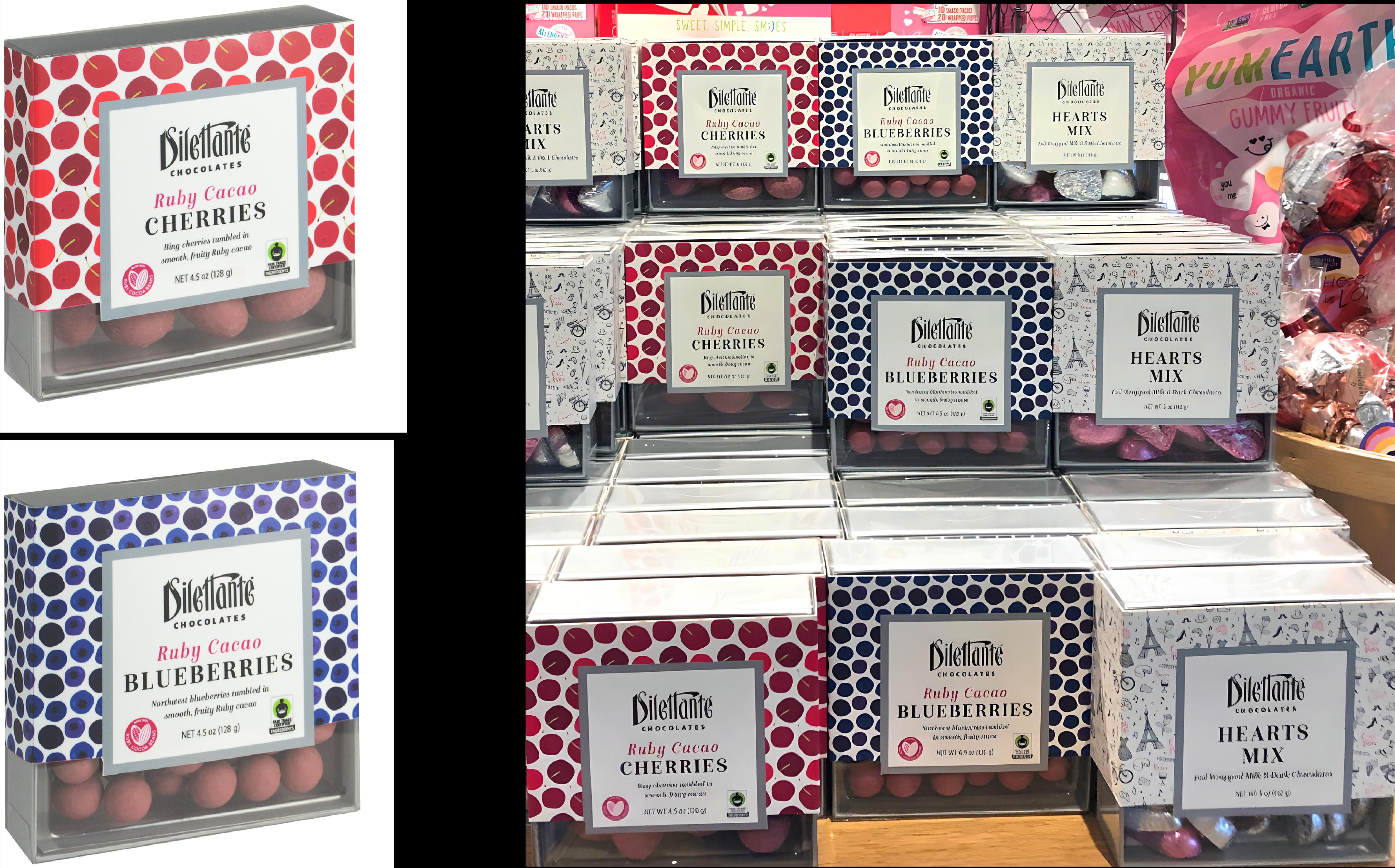 Two images of Dilettante chocolate boxes, including Ruby Cacao Cherries, Ruby Cacao Blueberries and Hearts Mix, one image with stand alone boxes and one with boxes on a store shelf.