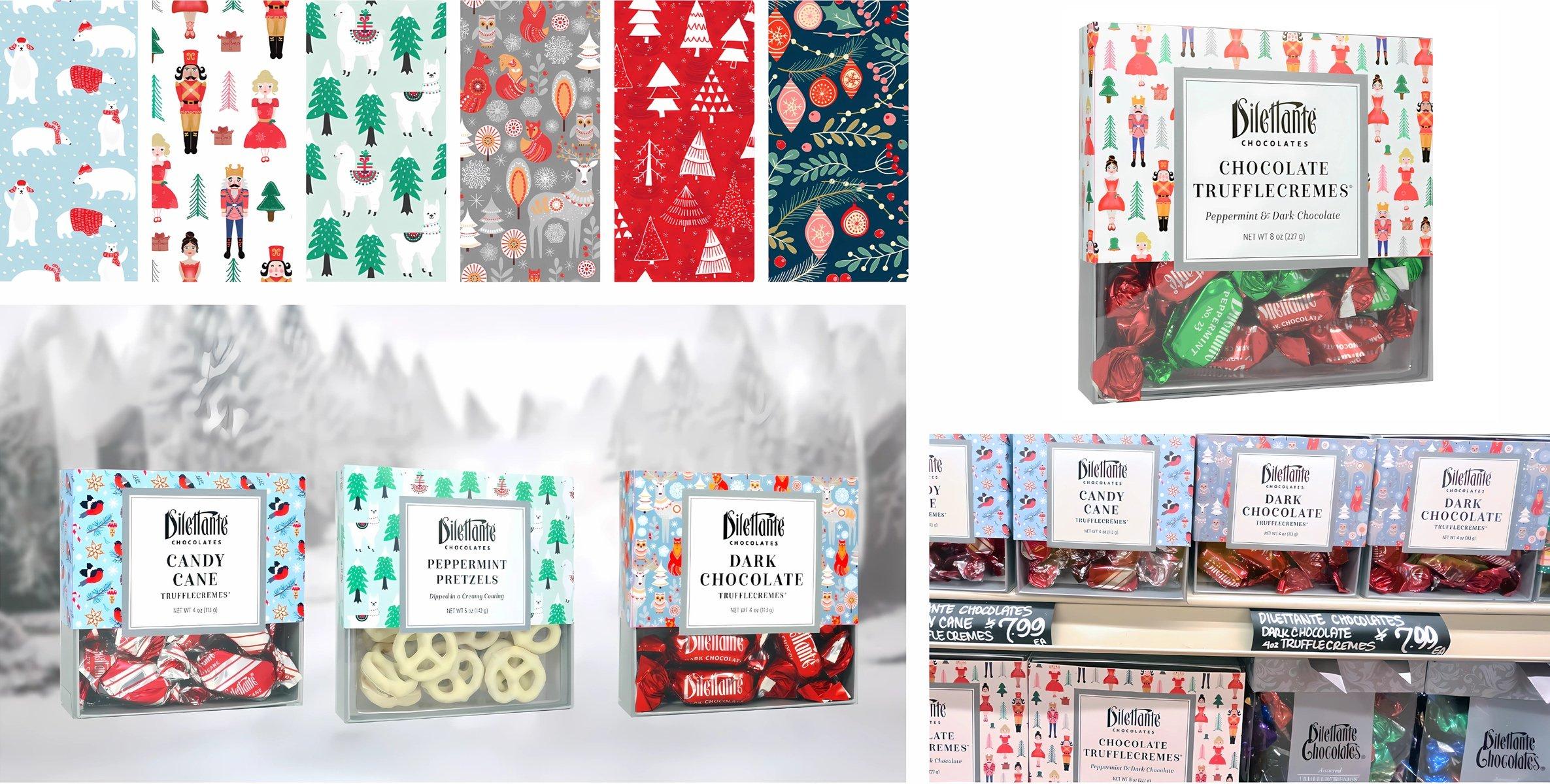 Collage of Dilettante chocolate holiday packaging, including patterns and boxes of Candy Cane, Peppermint Pretzels, Dark Chocolate and Chocolate Trufflecremes.