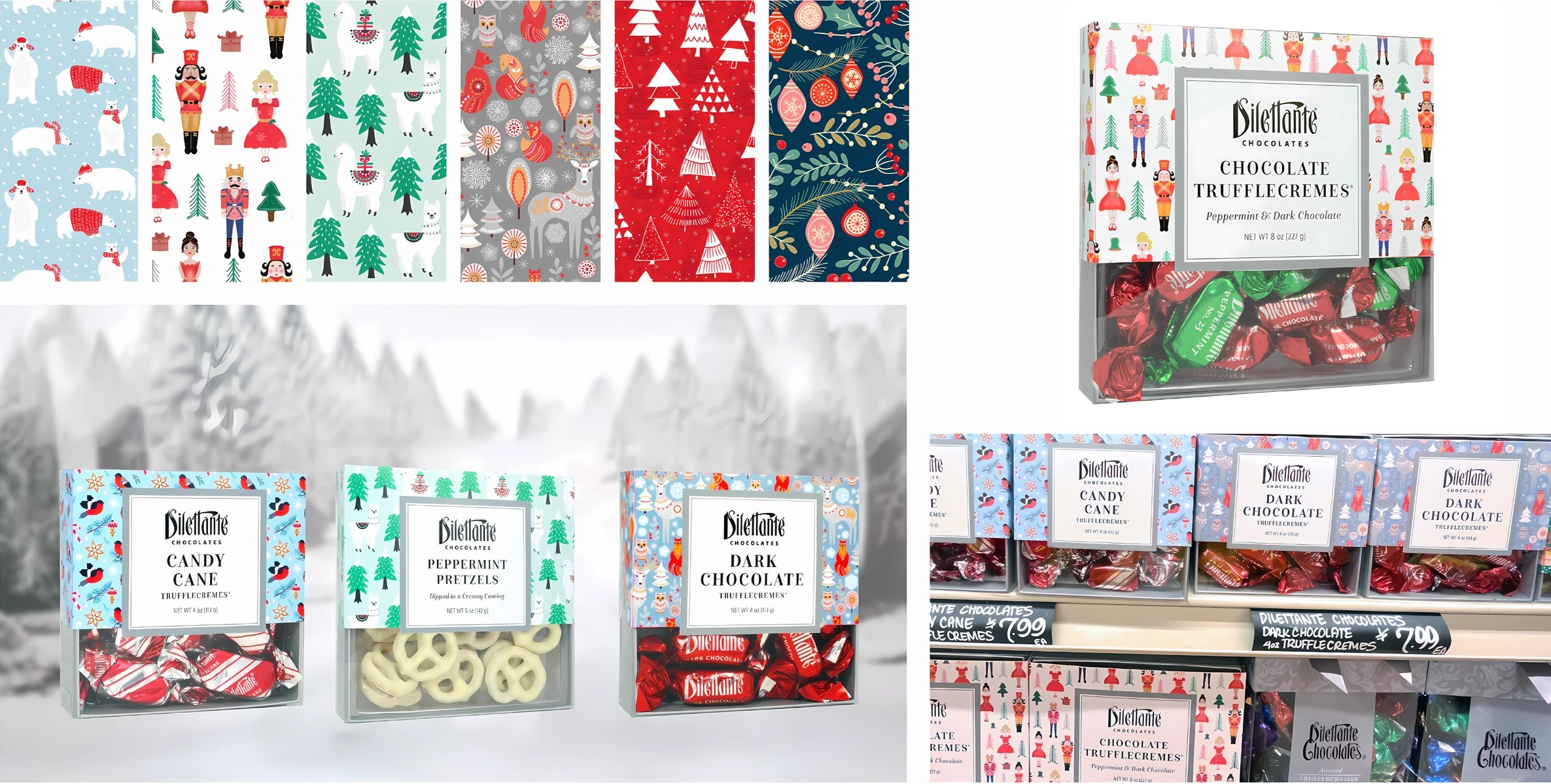 Collage of Dilettante chocolate holiday packaging, including patterns and boxes of Candy Cane, Peppermint Pretzels, Dark Chocolate and Chocolate Trufflecremes.
