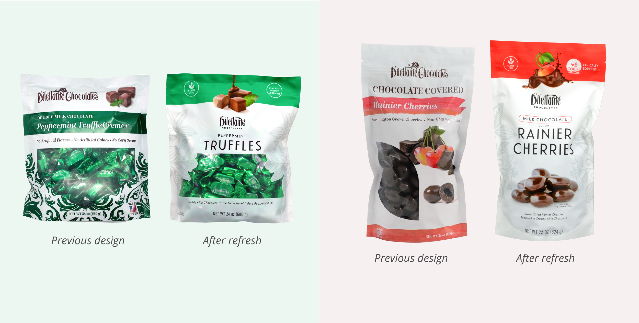 Side-by-side comparisons of previous and refreshed designs of Dilettante chocolates, showing bags of peppermint truffles and rainier cherries.