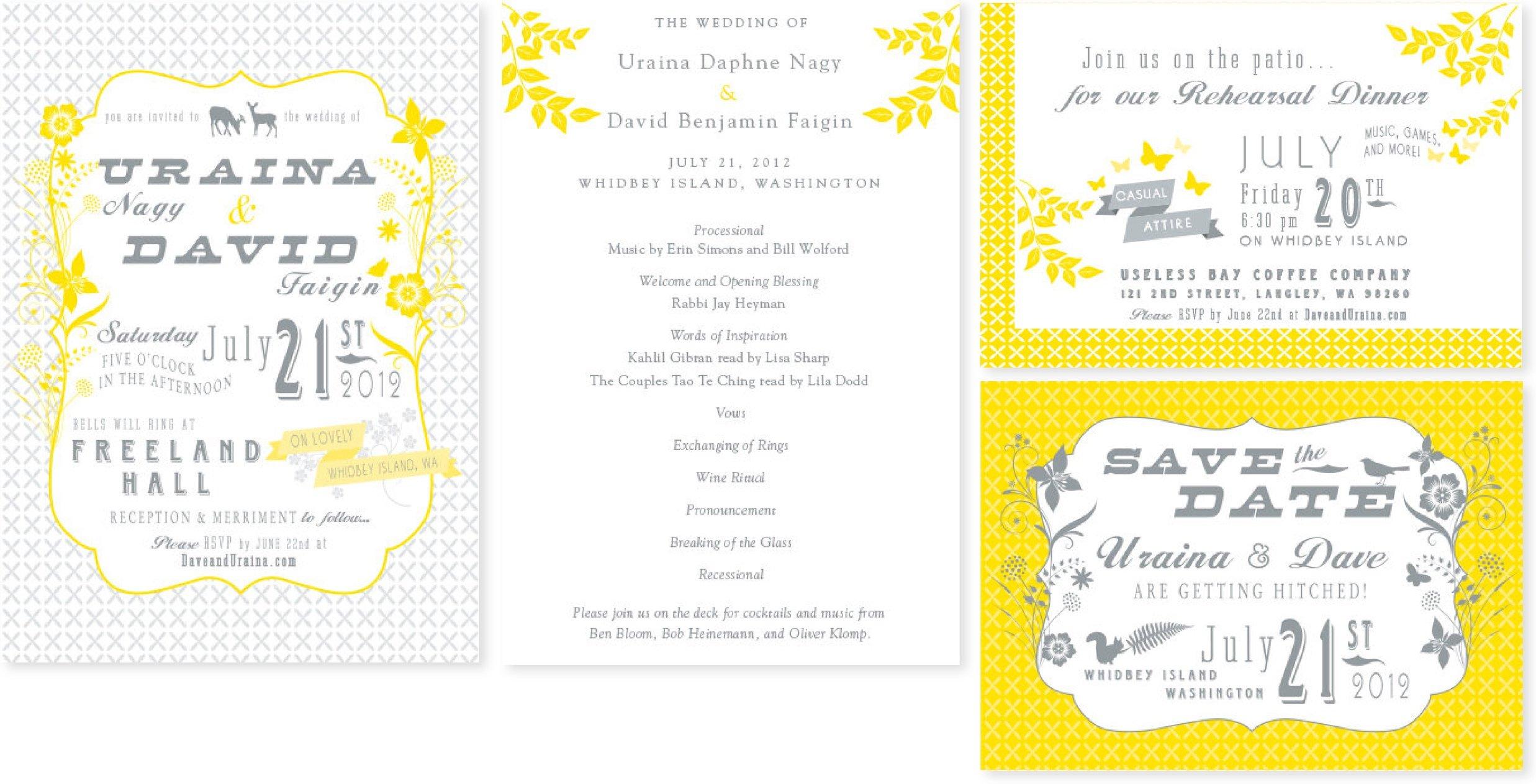 Wedding invitation set for Uraina and David, with yellow and gray floral designs, including invite, program, rehearsal dinner and save the date cards.