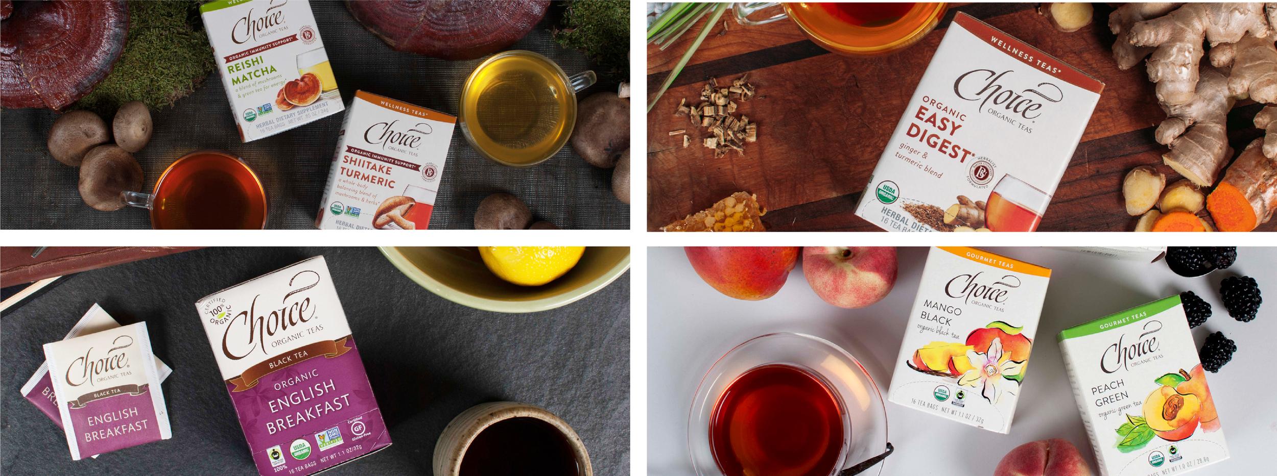 Collage of four images, each showcasing a Choice tea flavor with its ingredients, including Reishi Matcha, Easy Digest, English Breakfast, Mango Black, and Peach Green teas.