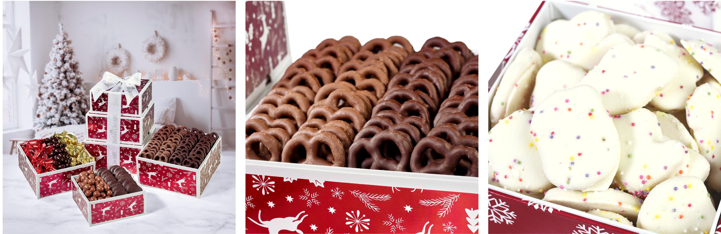 Three images of red Christmas boxes of chocolate candies including stacked gift boxes, close up of chocolate covered pretzels and white chocolate covered pretzels.