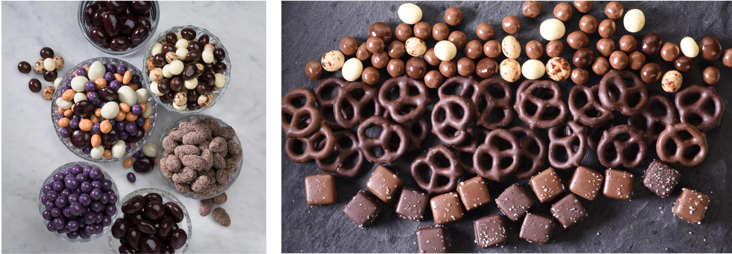 Two images of assorted chocolate candies, one with various coated nuts in glass bowls and the other a flatlay of different chocolates.
