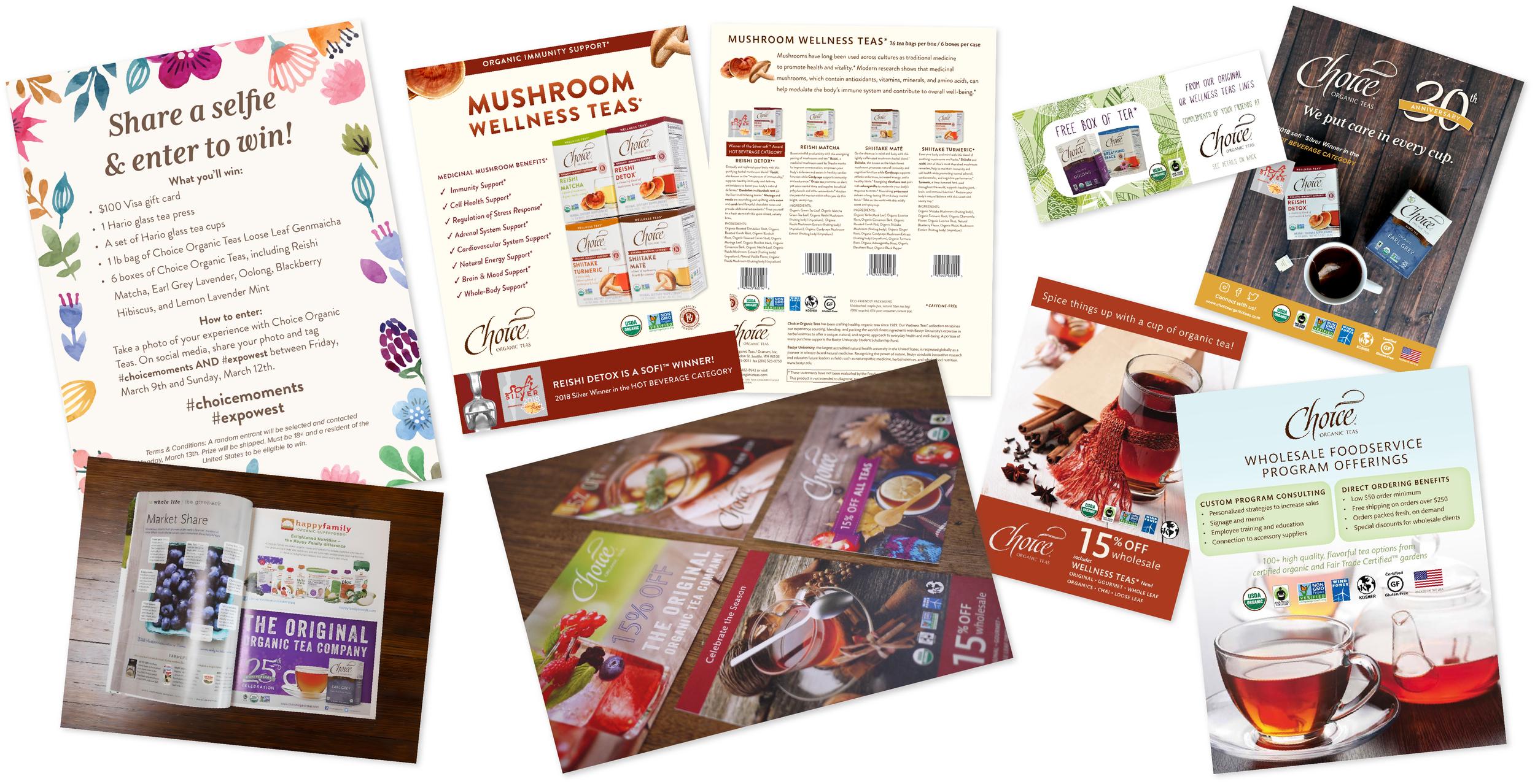 Collage of Choice brand tea marketing materials, including a social media contest, information on mushroom wellness teas, a free tea box, coupons, 30th anniversary and wholesale program offerings.