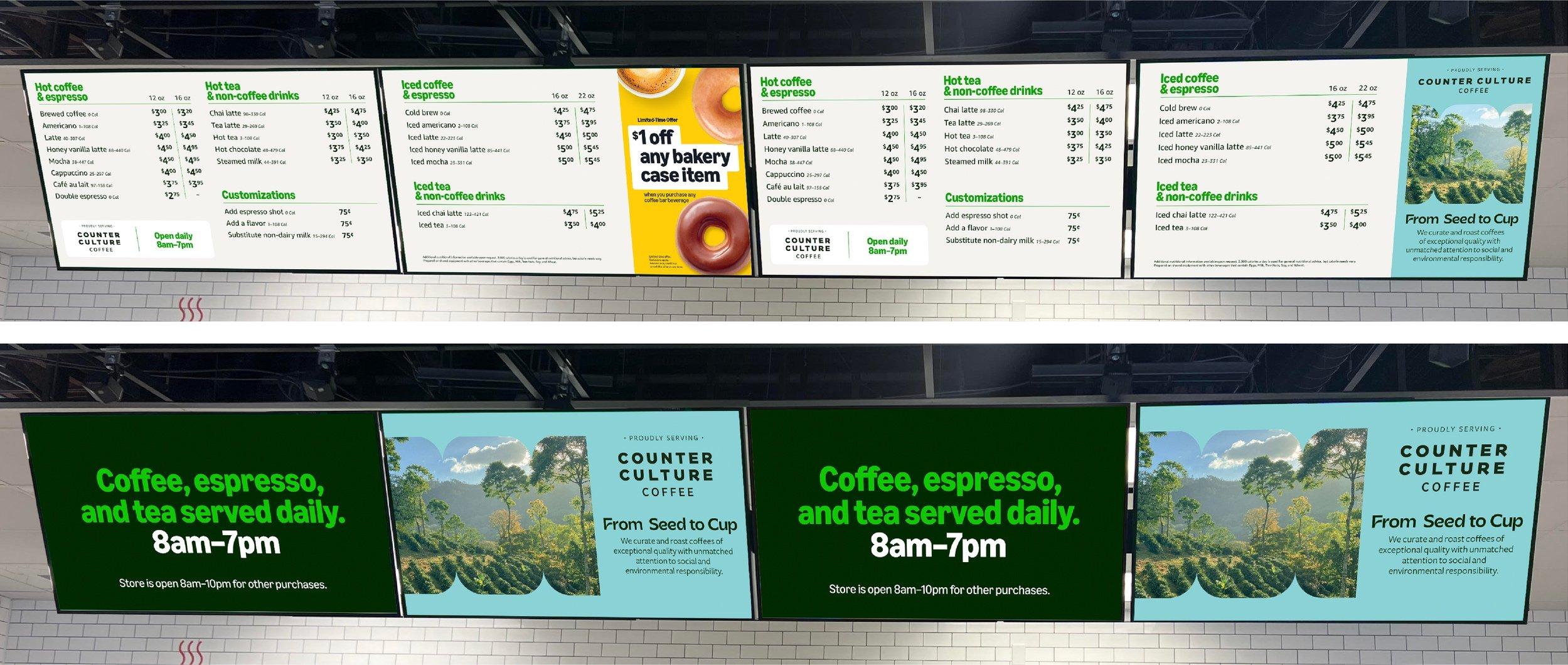 Digital menu boards displaying Counter Culture Coffee drink options, pricing, and an ad with information on their seed-to-cup process.