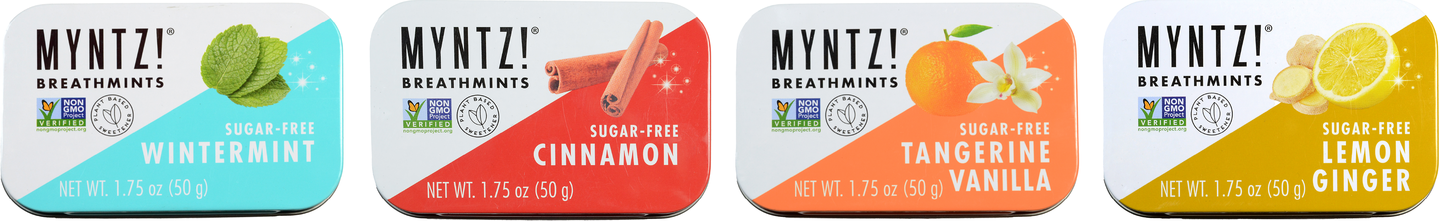 Four tins of MYNTZ! breathmints displaying different flavors: Wintermint, Cinnamon, Tangerine Vanilla, and Lemon Ginger.