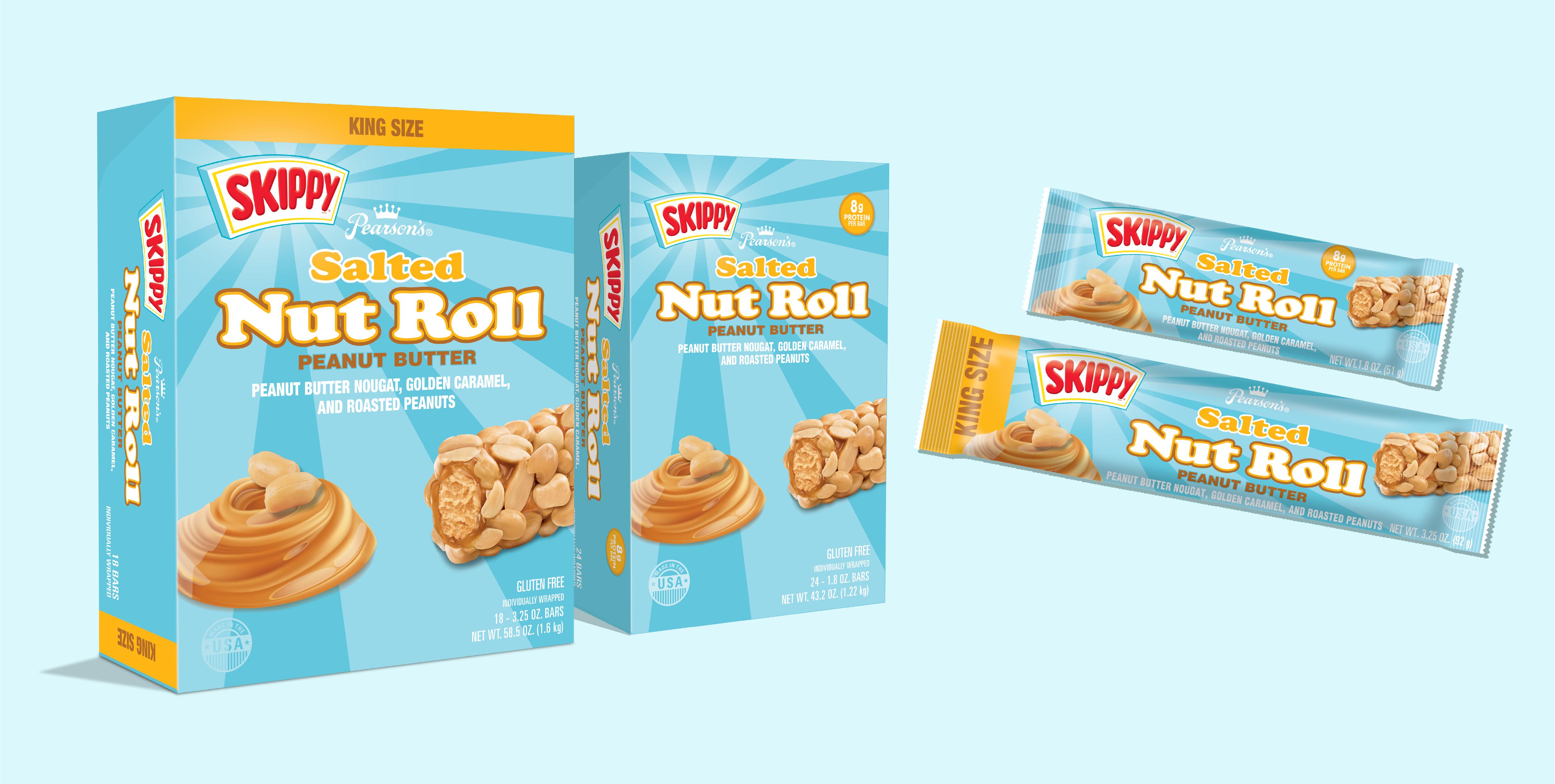 Two packages and two individual bars of Skippy's Peanut Butter Salted Nut Roll. One package is King Size.