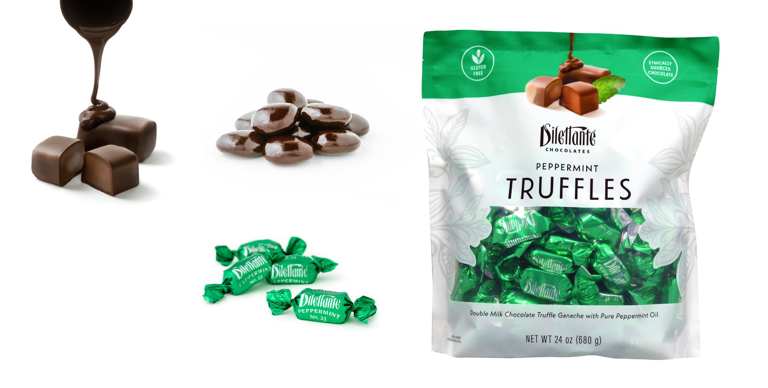 Three images of Dilettante chocolate truffles, with a bag of individually wrapped peppermint truffles and chocolate pouring over individual pieces.