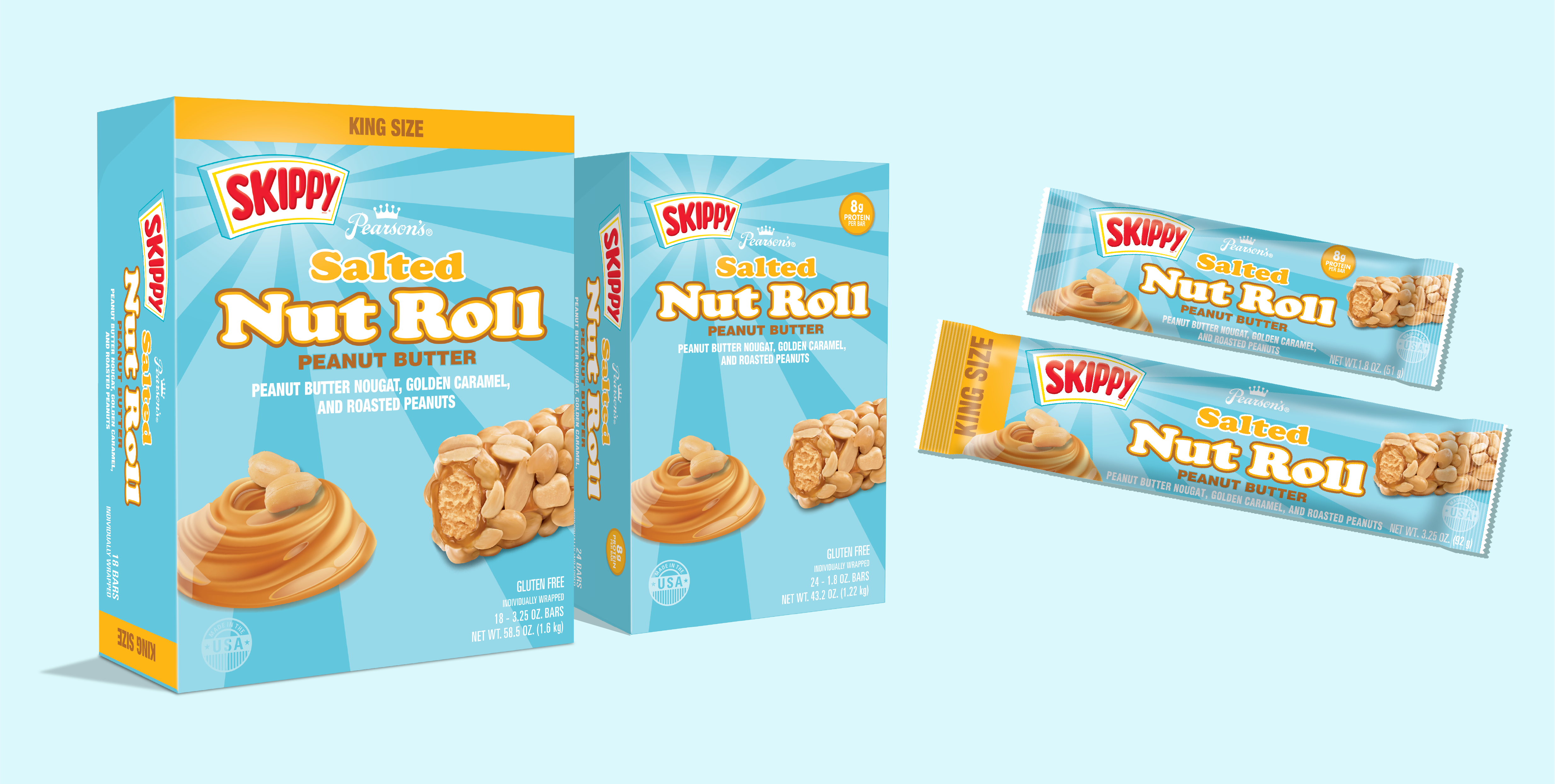 Two packages and two individual bars of Skippy's Peanut Butter Salted Nut Roll. One package is King Size.
