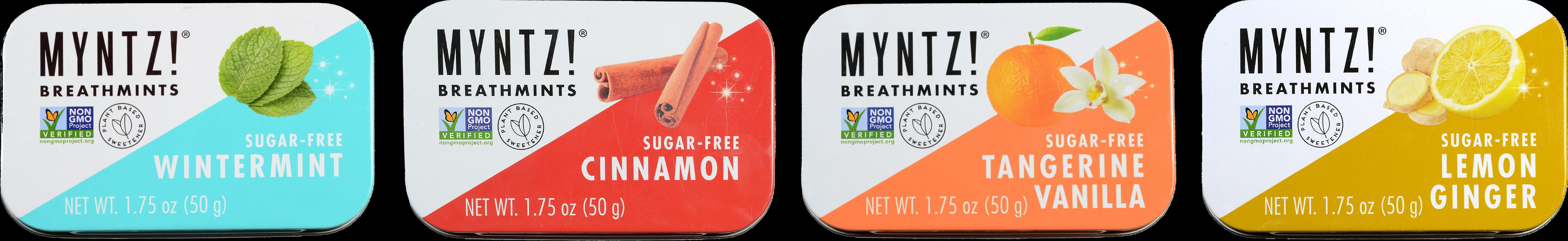 Four tins of MYNTZ! breathmints displaying different flavors: Wintermint, Cinnamon, Tangerine Vanilla, and Lemon Ginger.