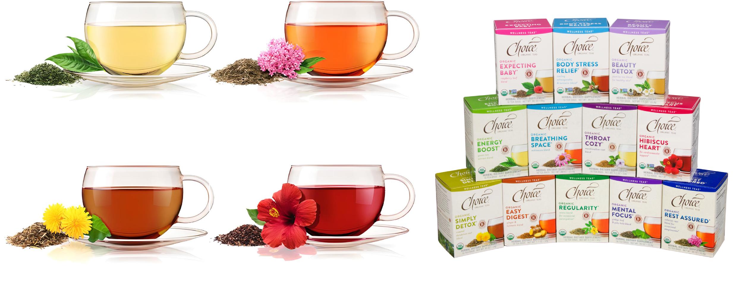 Two images of Choice teas, one showing 4 cups of different flavored teas with flowers and leaves and one showing a display of multiple boxes.