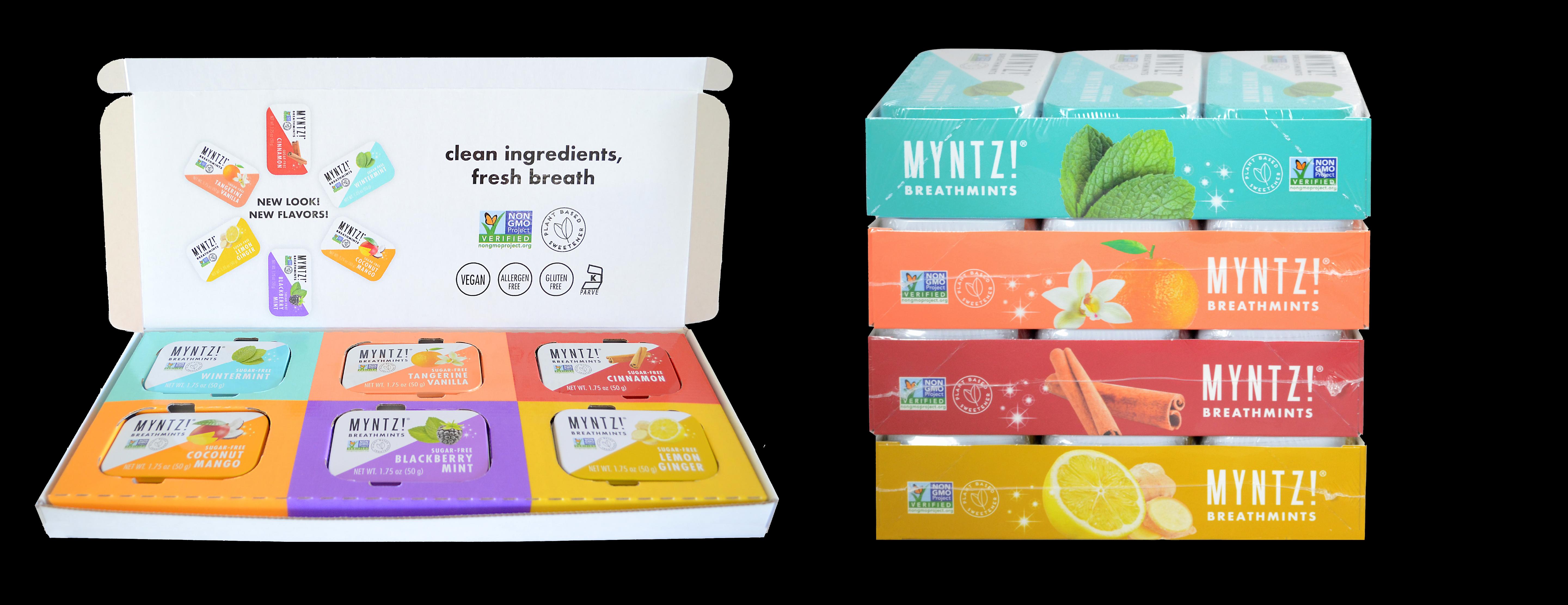 Two images of MYNTZ! breathmints. The first is a variety box with six tins. The second is a stack of 4 single-flavor boxes.