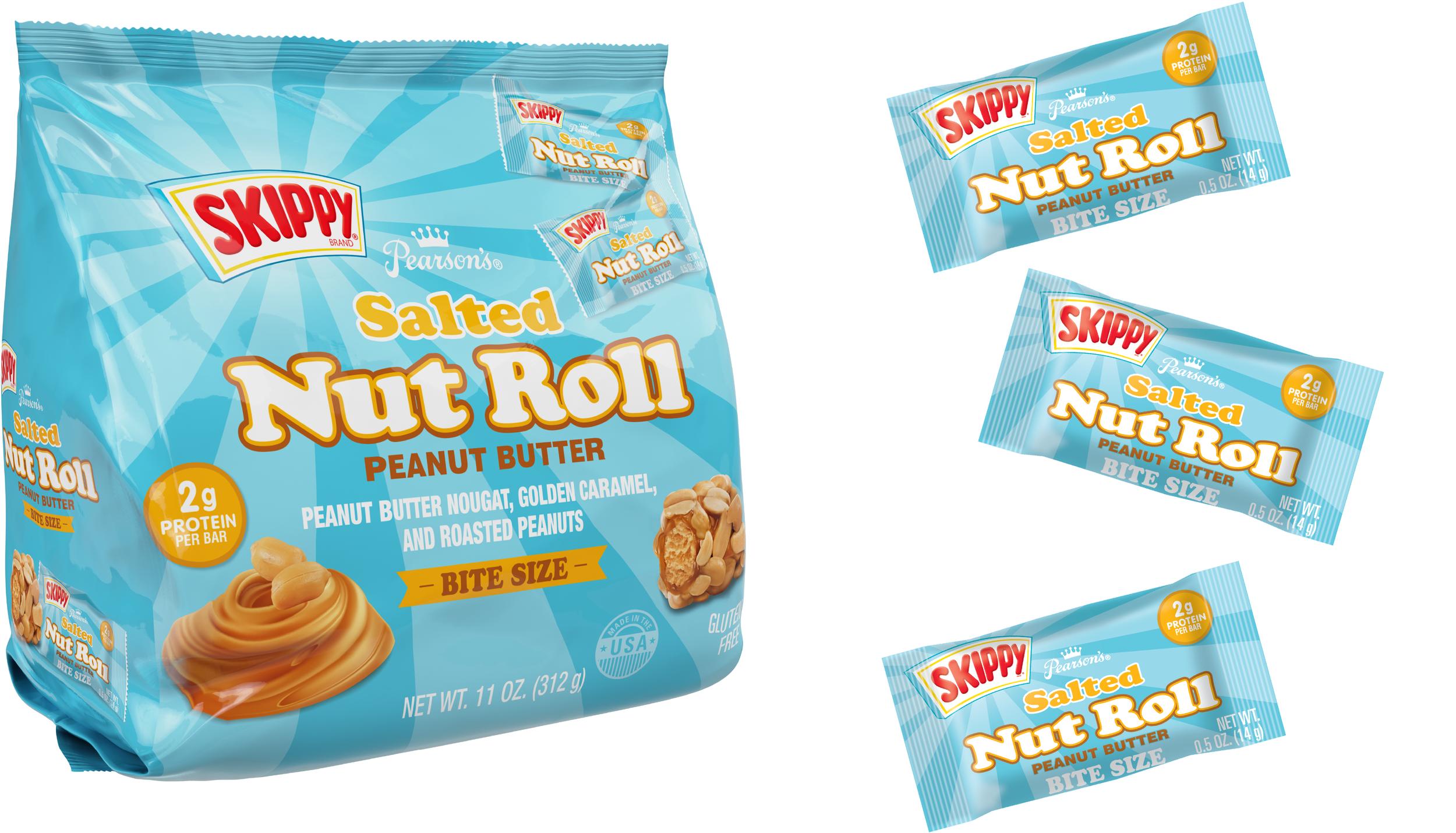 A bag of Skippy Peanut Butter Salted Nut Roll bite sized candies and three individual pieces.