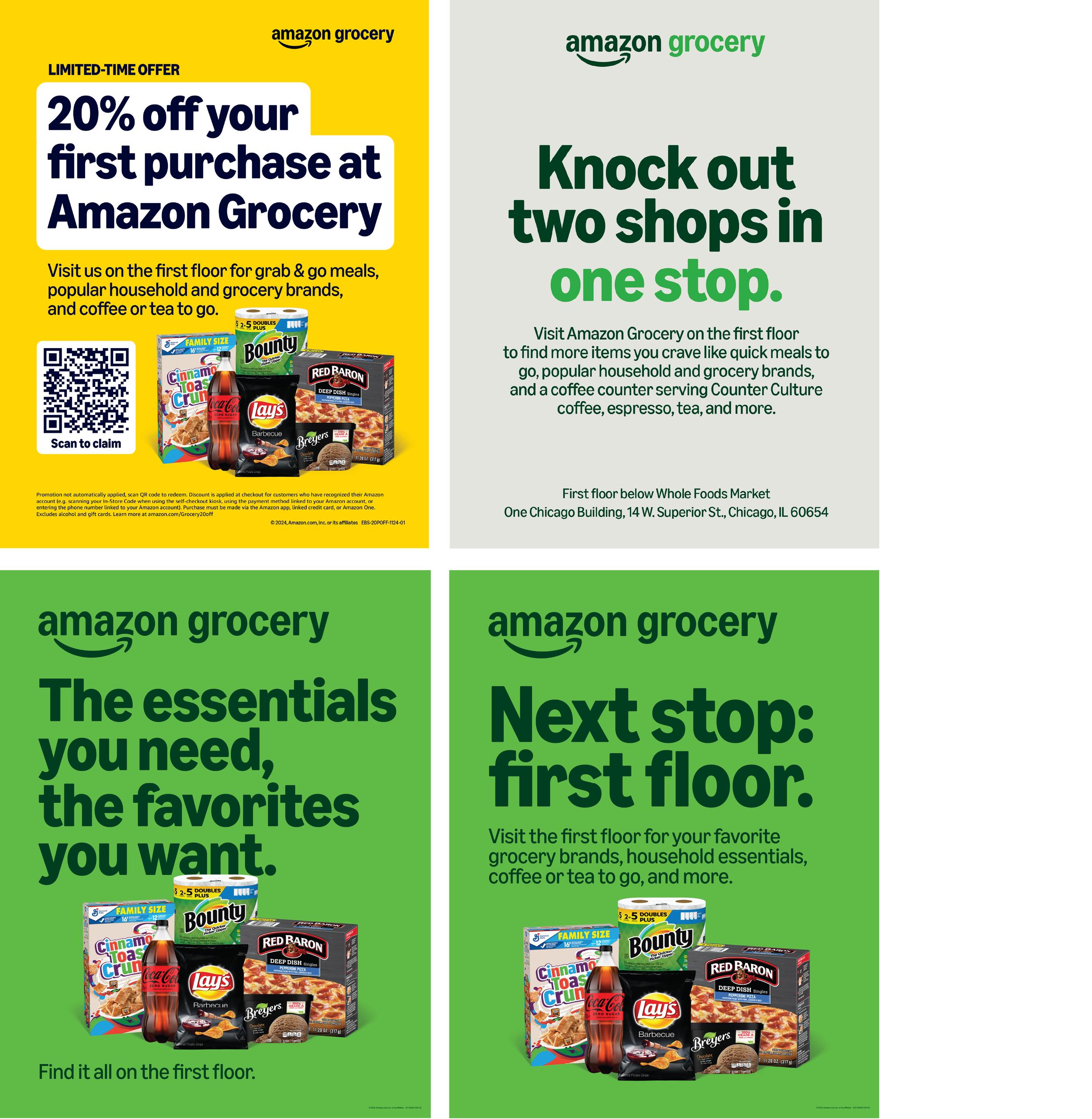 Four Amazon Grocery advertisements featuring discounts, grocery items and information about the first-floor store location.
