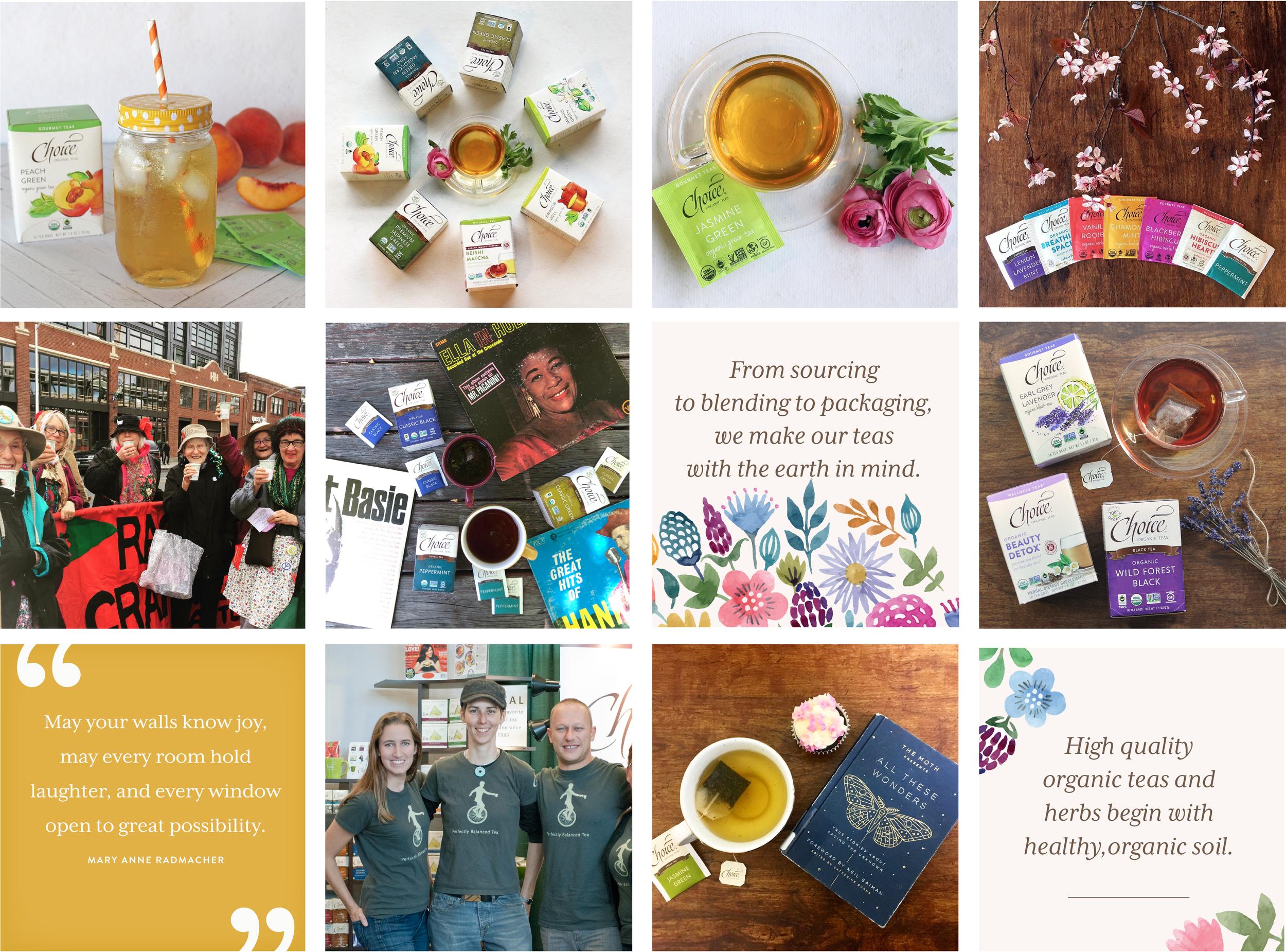 Collage of 12 social media posts showing Choice tea packaging and marketing materials including product placement, flatlays, environmental consciousness and promotional quotes.