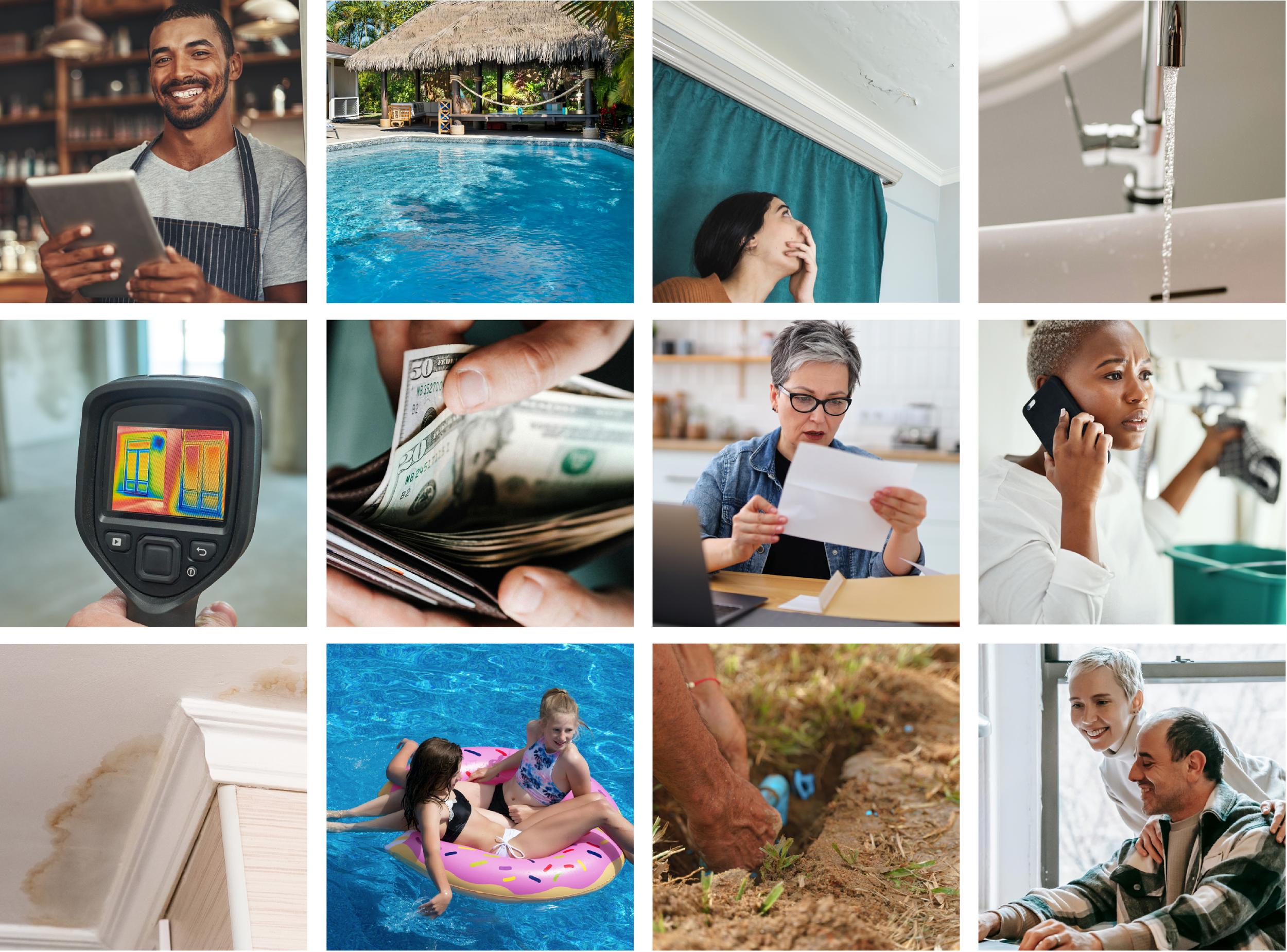 Collage of 12 social media posts depicting various water-related situations, from business and leisure to water damage, repairs, and billing concerns.