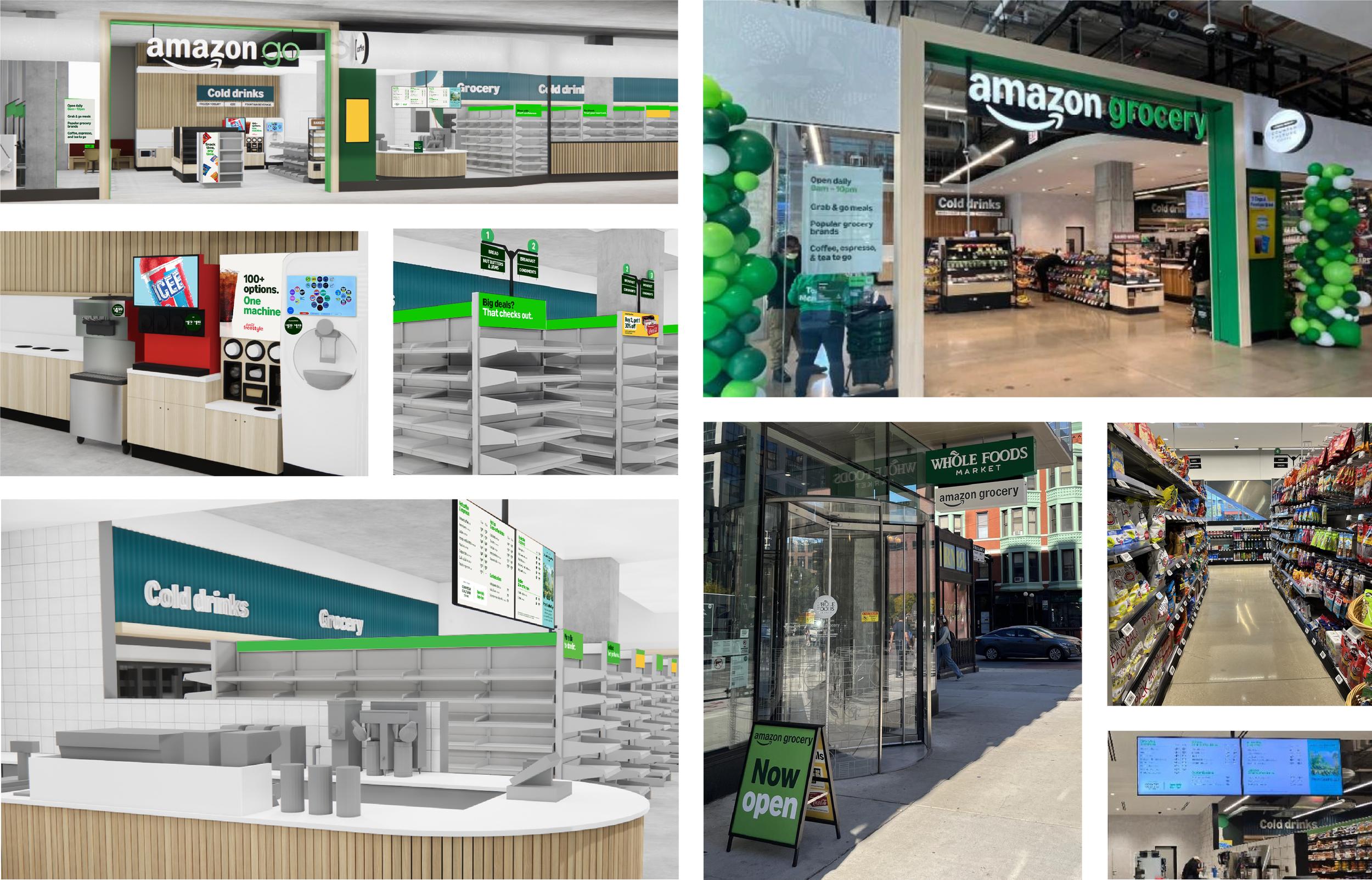 Collage of Amazon Grocery stores shows mockups and real photos of the entrance, aisles, shelves and machines.