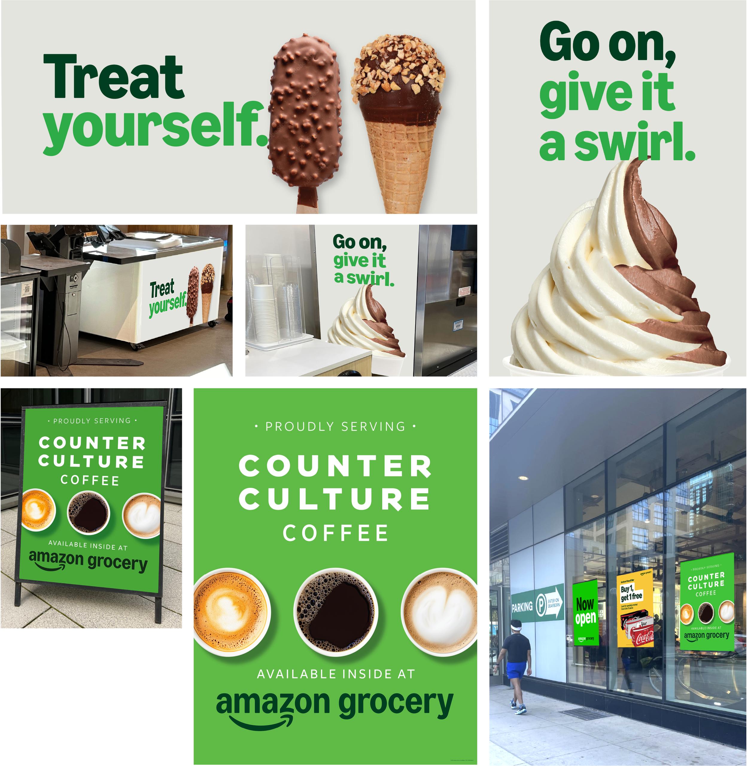 Collage of Amazon Grocery marketing images showcasing soft serve ice cream, ice cream bars, and Counter Culture coffee and their availability.