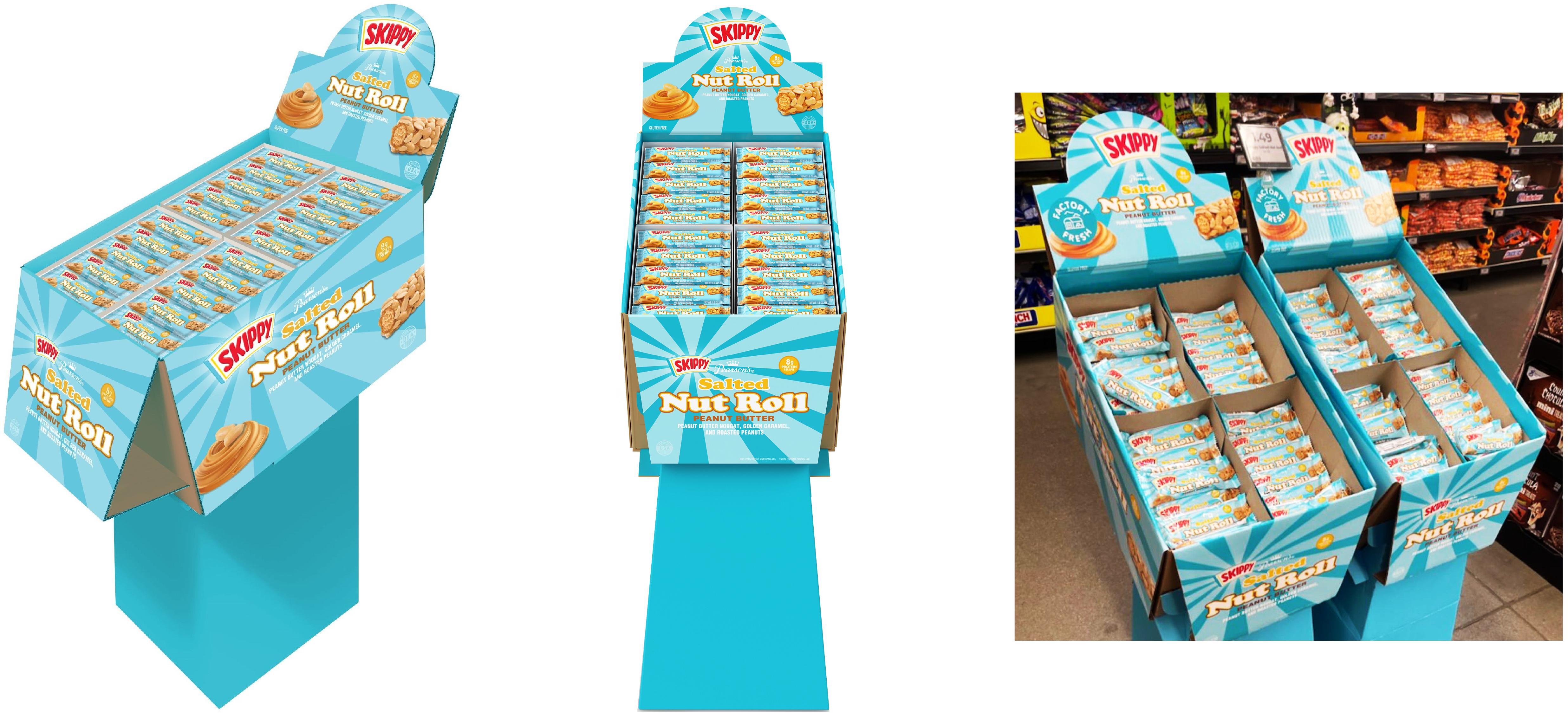 Three images of Skippy's Peanut Butter Salted Nut Roll display boxes. The first two show stand alone boxes and the last two show placement in a store.