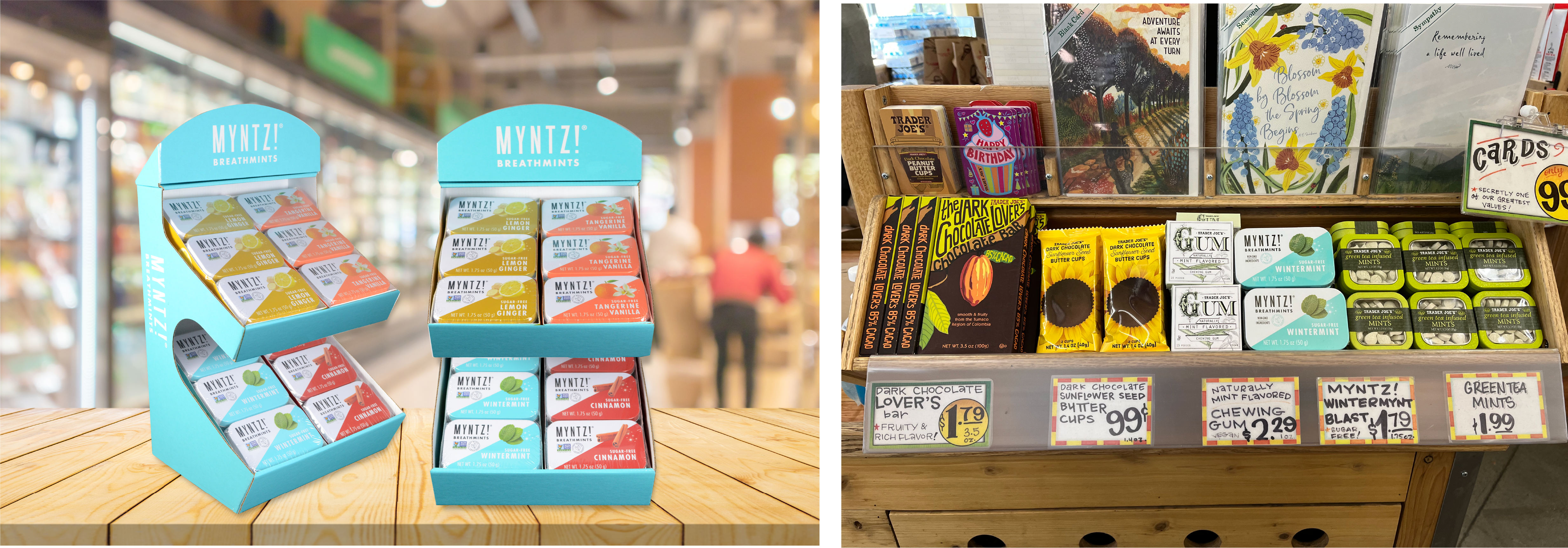 Two images showcasing MYNTZ! breathmints displays; one display stand alone, the other in a store shelf.