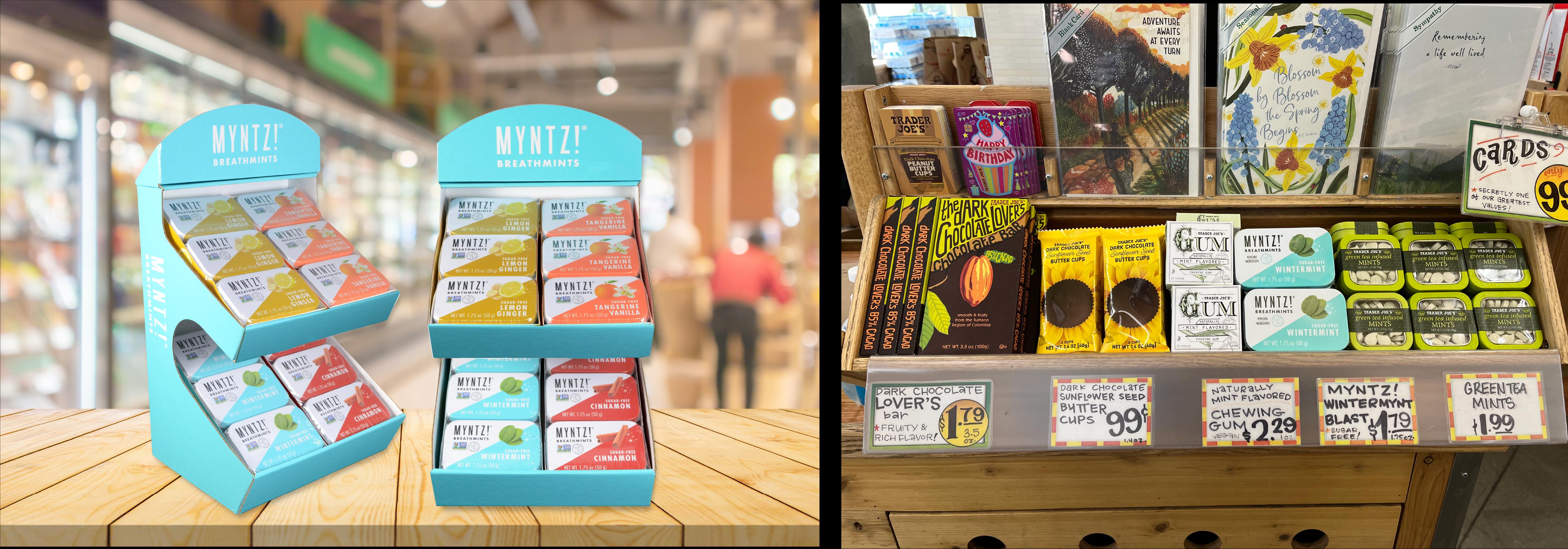Two images showcasing MYNTZ! breathmints displays; one display stand alone, the other in a store shelf.