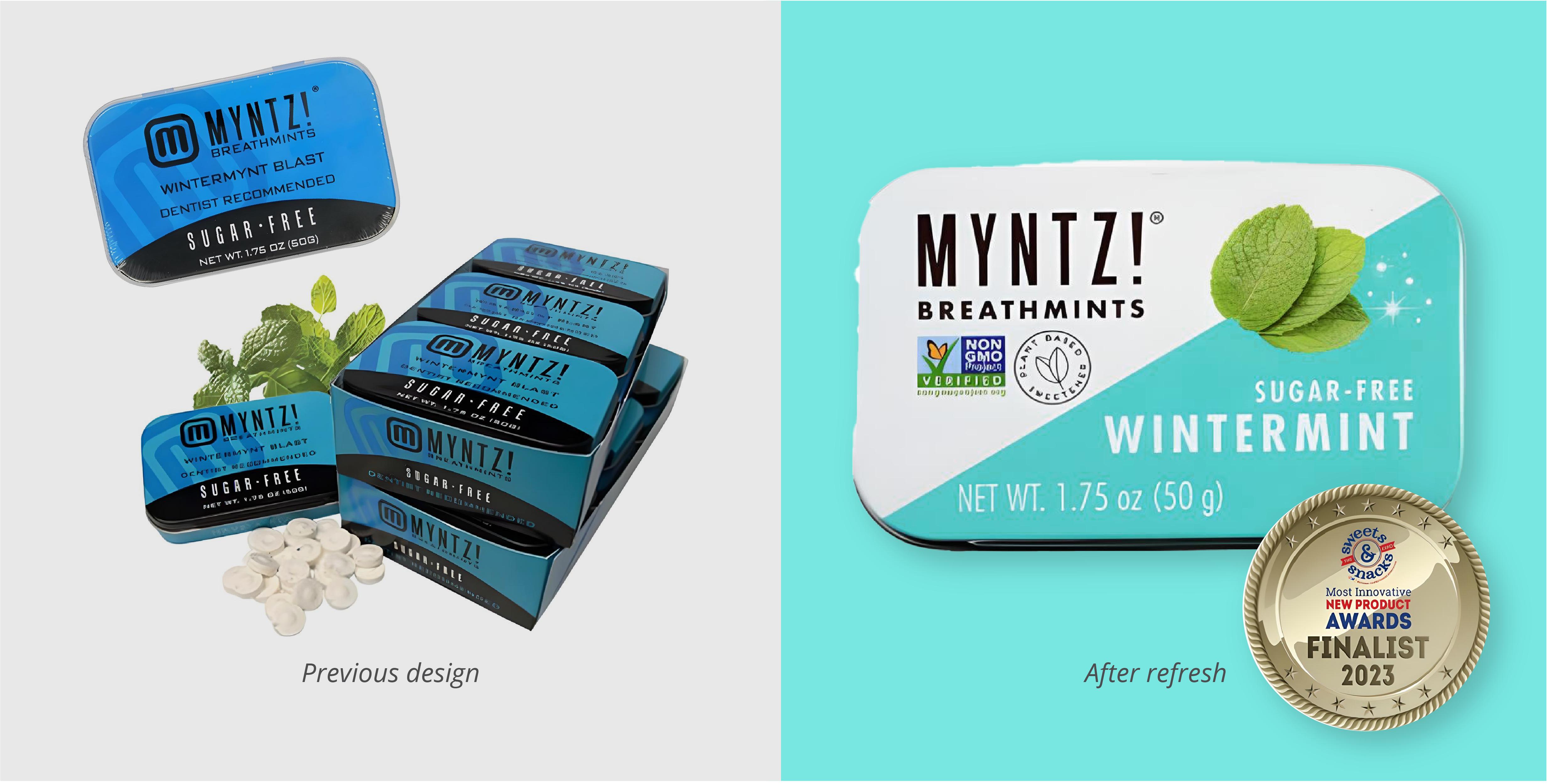Side-by-side comparison of the previous and refreshed design of MYNTZ! breathmints, displaying the packaging and the candies.