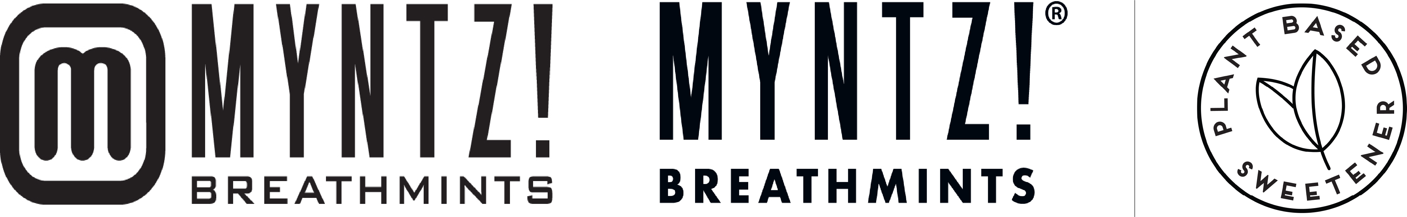 Three black and white logos of MYNTZ! breathmints, including the main logo, the secondary logo and the plant-based sweeteners logo.