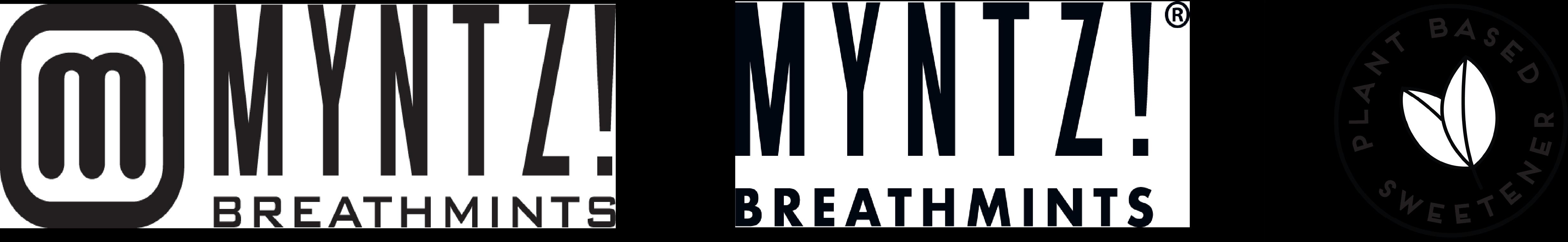 Three black and white logos of MYNTZ! breathmints, including the main logo, the secondary logo and the plant-based sweeteners logo.