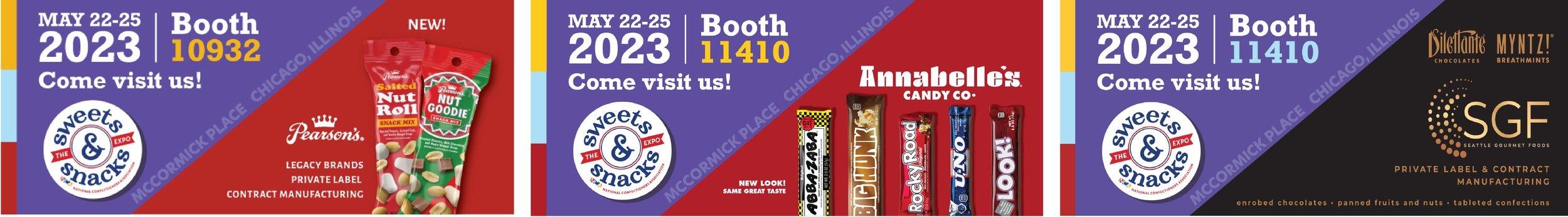 Three email banner ads for the Sweets & Snacks Expo 2023, showing booths for Pearson's, Annabelle's and Dilettante and Myntz.