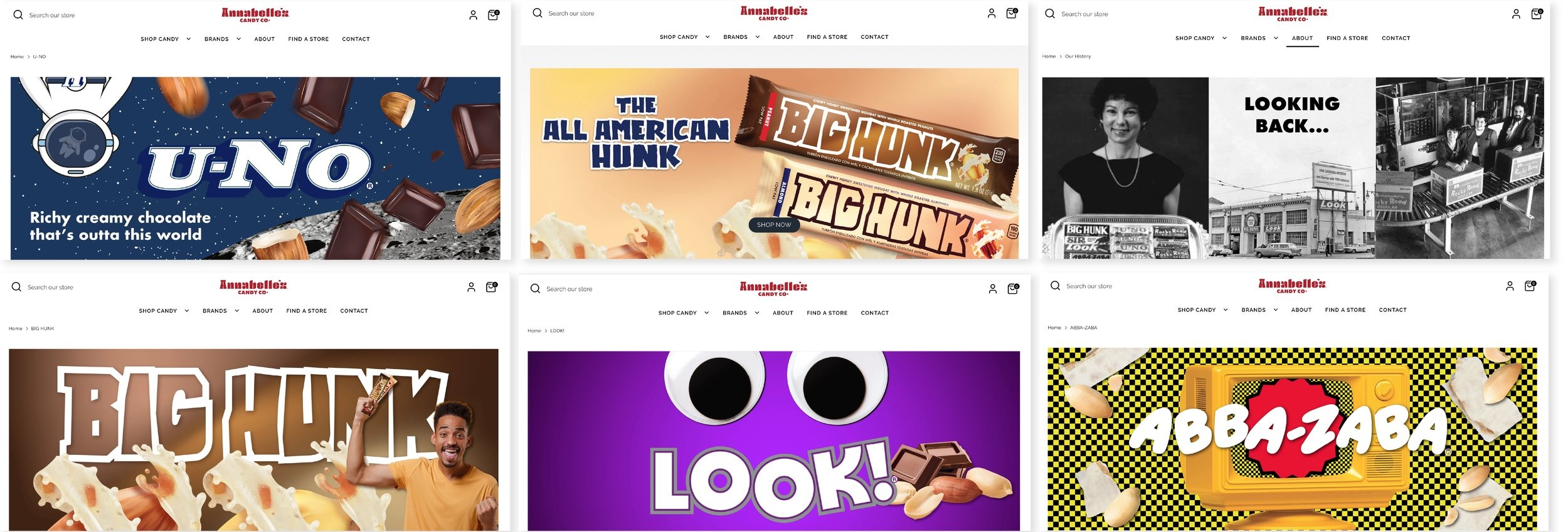 Six screenshots of the Annabelle's Candy Co. website, showcasing the variety of branding for different candy bars: U-No, Big Hunk, a company history banner, and Look! and Abba-Zaba.
